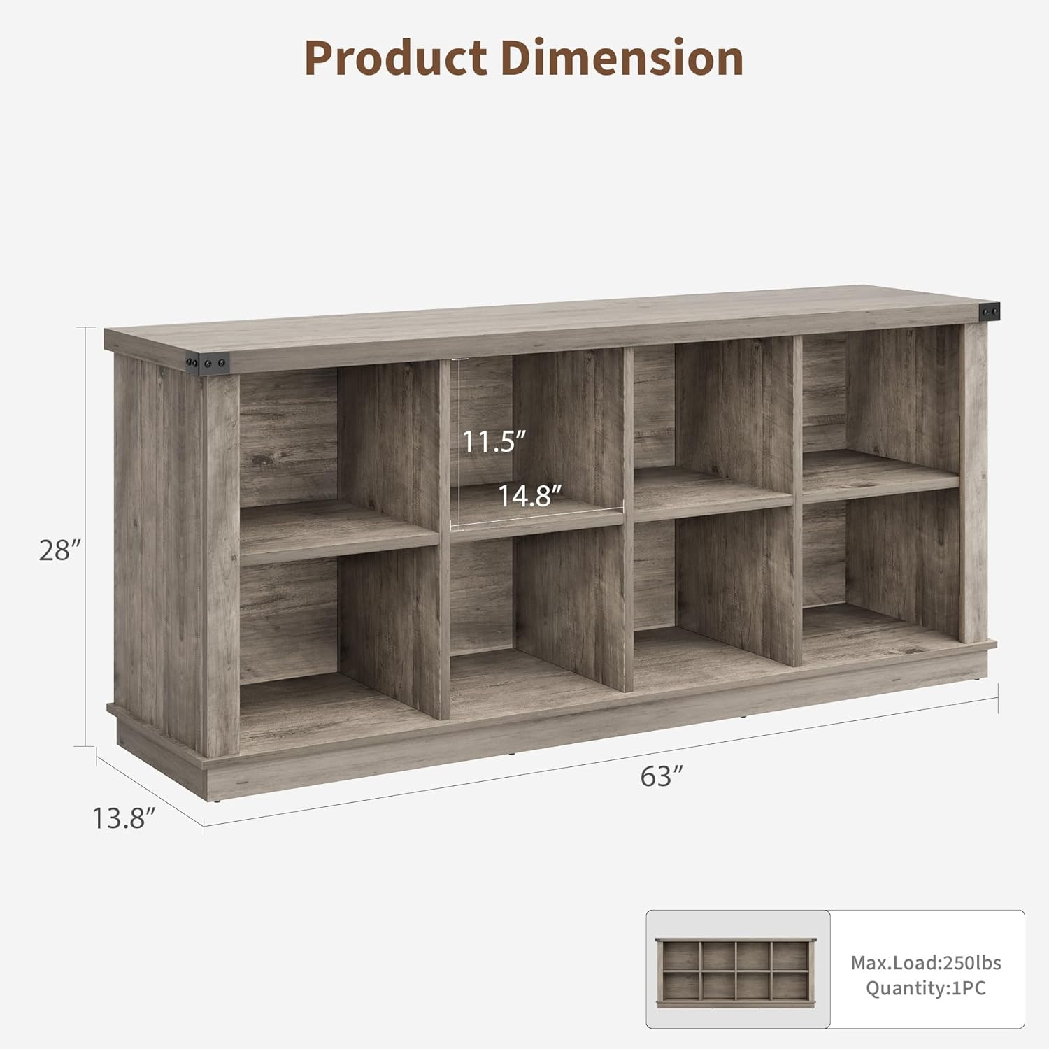 image:imageGarvee 62 in Industrial 8Cube Storage Organizer with 3Tier Metal Horizontal Bookcase Long Low Console Shelf for Entryway and Living RoomGrey