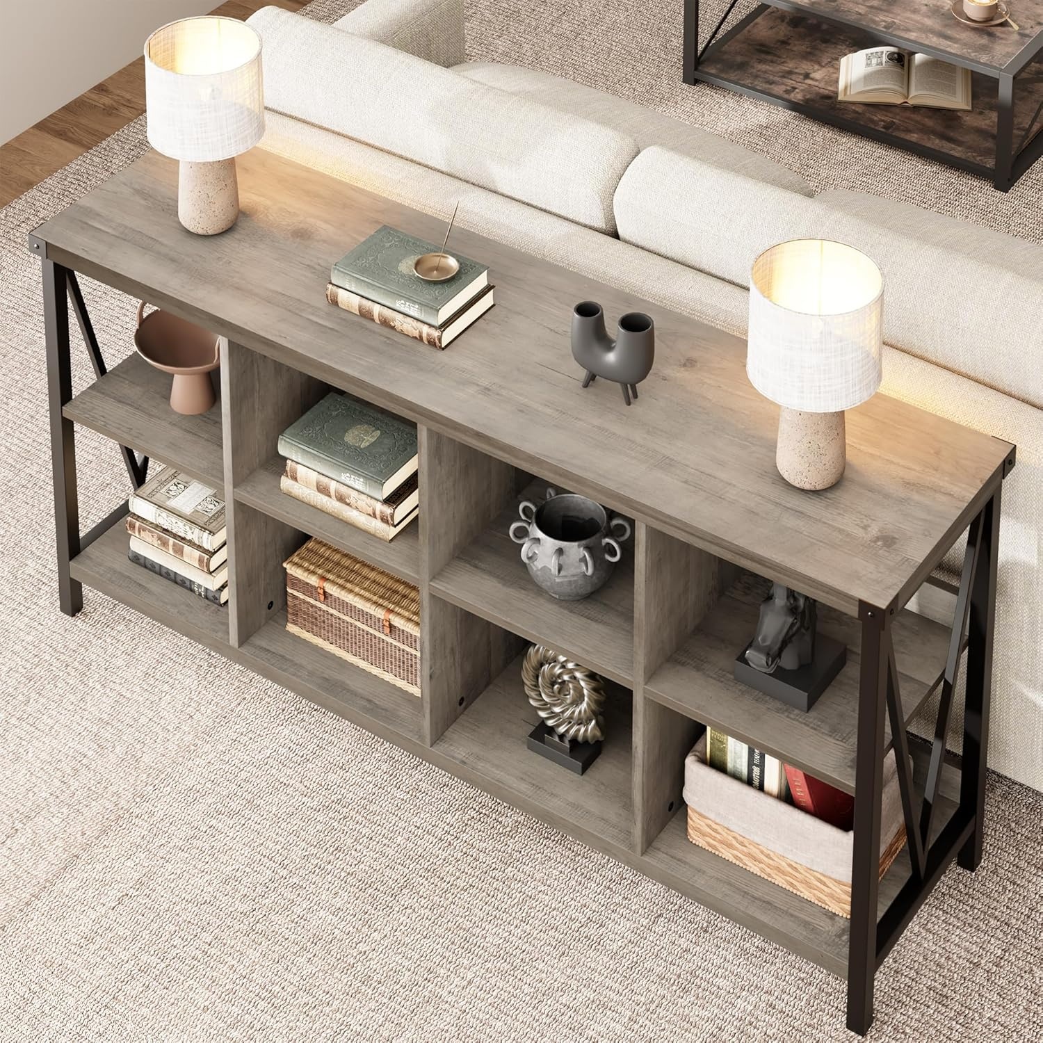 image:imageGarvee 62 in Industrial 8Cube Storage Organizer with 3Tier Metal Horizontal Bookcase Long Low Console Shelf for Entryway and Living RoomGrey