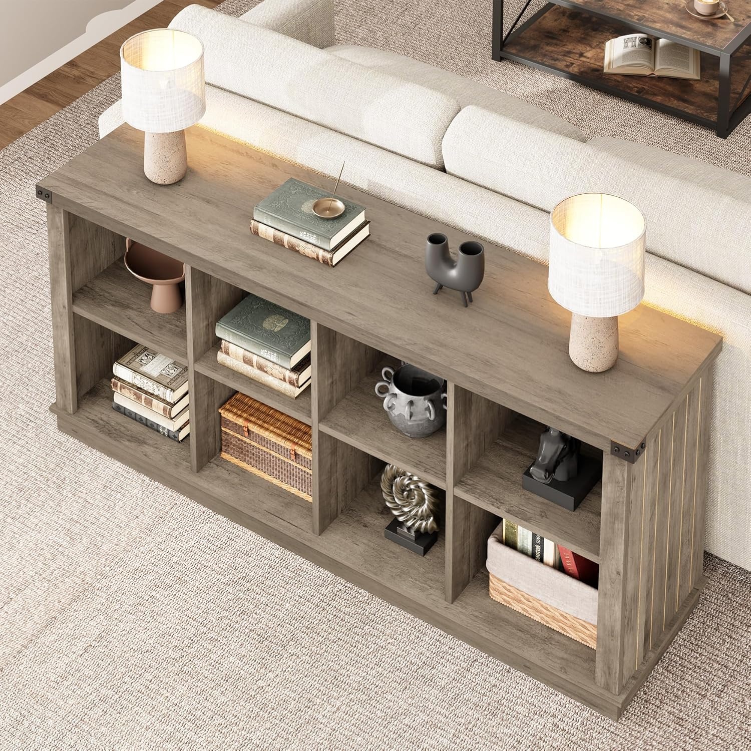 image:imageGarvee 62 in Industrial 8Cube Storage Organizer with 3Tier Metal Horizontal Bookcase Long Low Console Shelf for Entryway and Living RoomRustic Grey