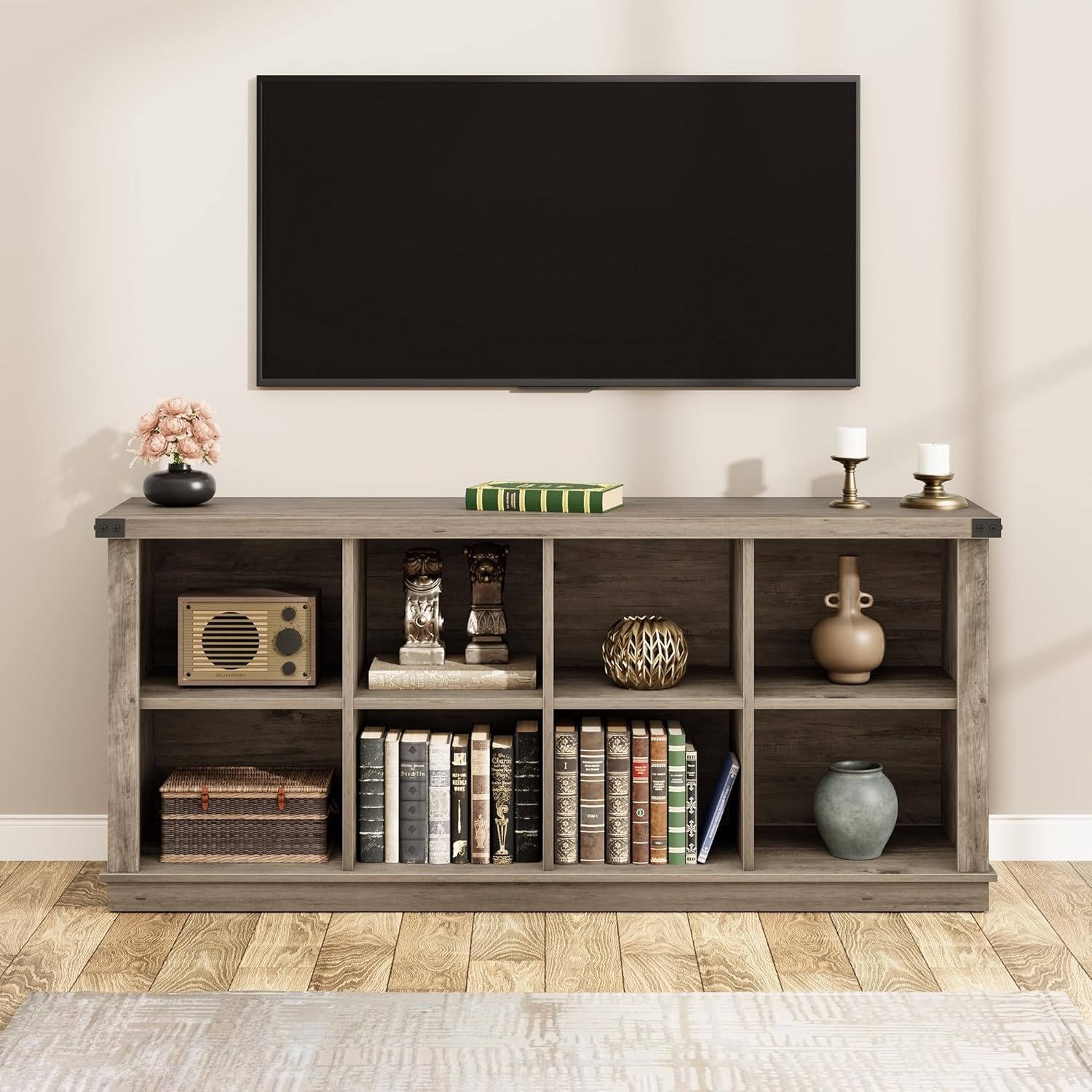 image:imageGarvee 62 in Industrial 8Cube Storage Organizer with 3Tier Metal Horizontal Bookcase Long Low Console Shelf for Entryway and Living RoomRustic Grey