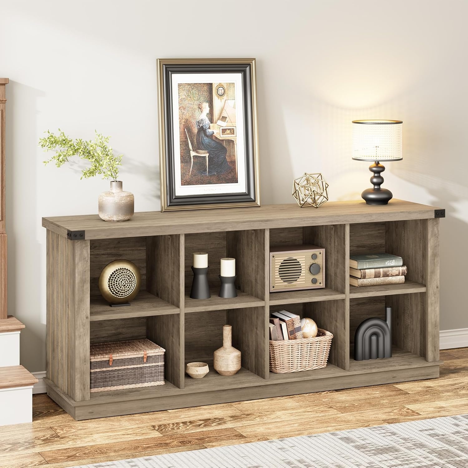 image:imageGarvee 62 in Industrial 8Cube Storage Organizer with 3Tier Metal Horizontal Bookcase Long Low Console Shelf for Entryway and Living RoomRustic Grey