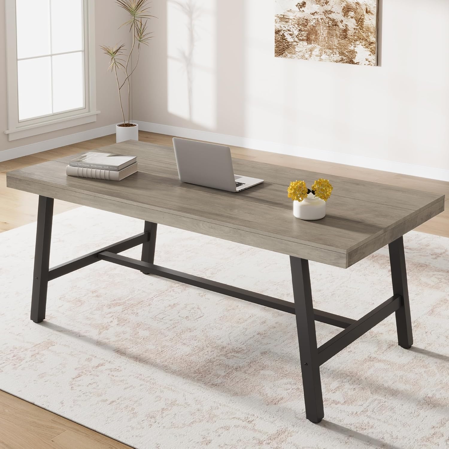 image:imageGarvee 7087 Inch Computer Desk Extra Long Office Desk for 2 Monitors Heavy Duty Industrial Study Table for Home Office Large Rustic Wooden Metal Workstation NaturalGrey