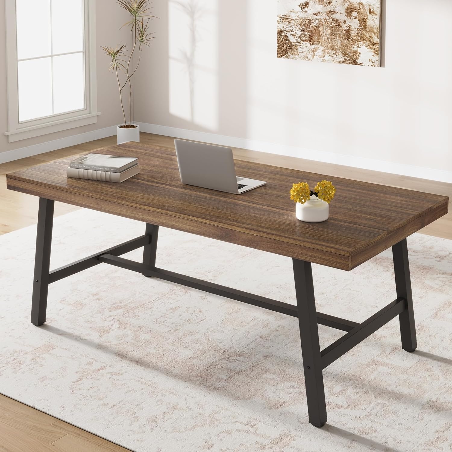 image:imageGarvee 7087 Inch Computer Desk Extra Long Office Desk for 2 Monitors Heavy Duty Industrial Study Table for Home Office Large Rustic Wooden Metal Workstation NaturalRetro Brown