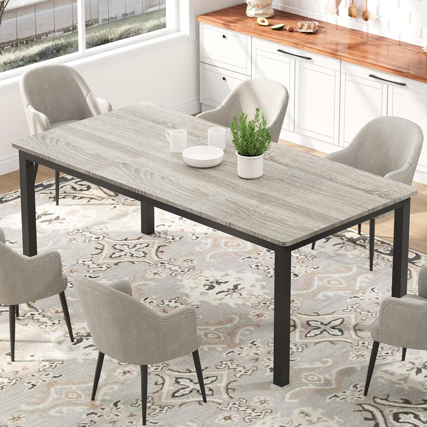 image:imageGarvee Industrial Dining Table for 68 People 7179 in Inch Long Kitchen Table with Sturdy Metal Frame amp Round Corner Rectangular Counter for Dinner Easy to InstallOnly TableGrey Desktop Black Frame