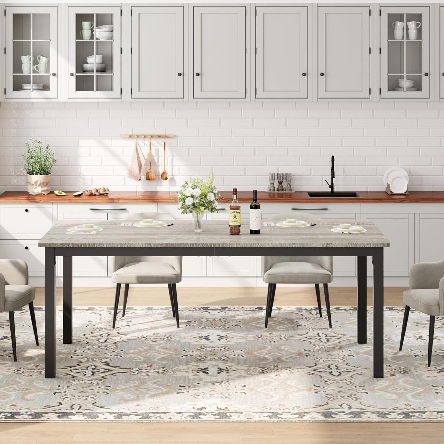 image:imageGarvee Industrial Dining Table for 68 People 7179 in Inch Long Kitchen Table with Sturdy Metal Frame amp Round Corner Rectangular Counter for Dinner Easy to InstallOnly TableGrey Desktop Black Frame
