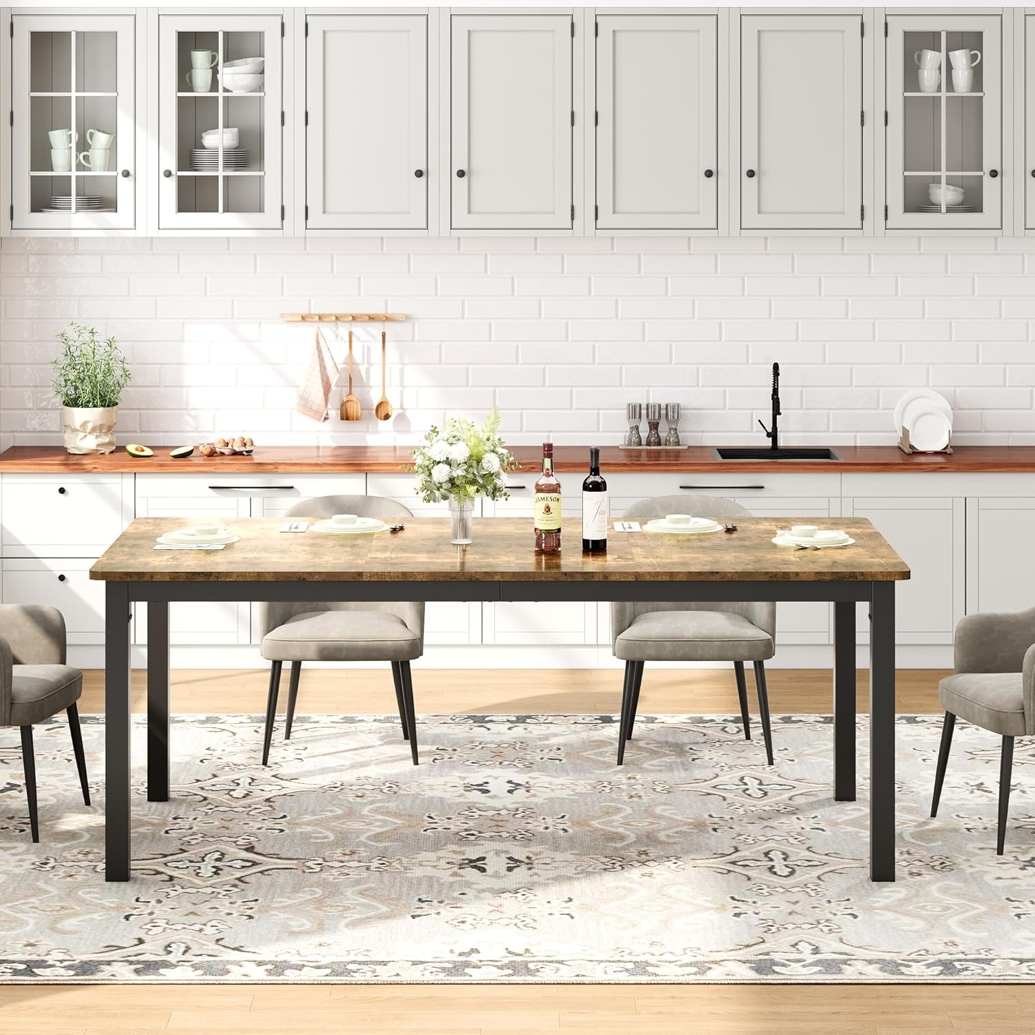 image:imageGarvee Industrial Dining Table for 68 People 7179 in Inch Long Kitchen Table with Sturdy Metal Frame amp Round Corner Rectangular Counter for Dinner Easy to InstallOnly TableRetro Desktop Black Frame