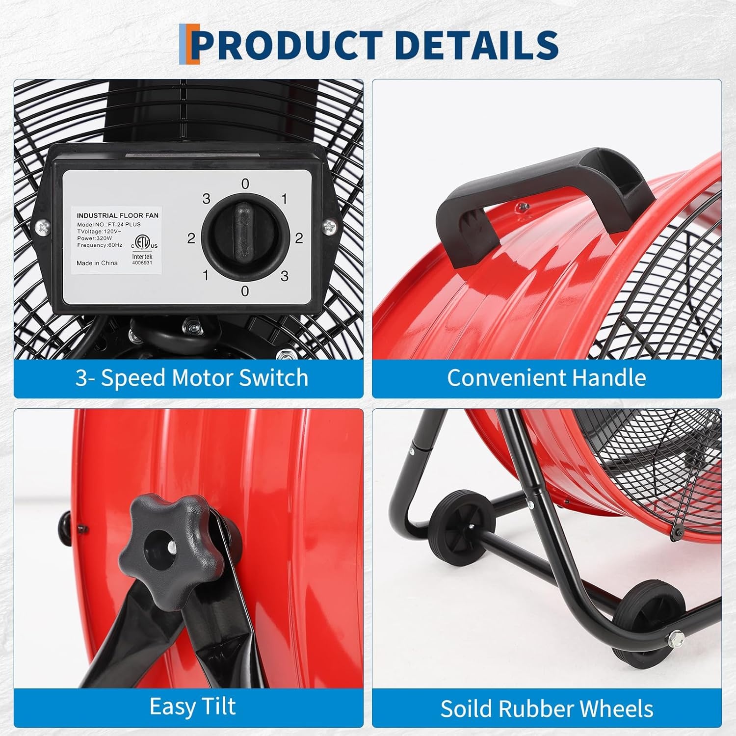 image:imageGarvee Industrial Floor Fan 24 in Heavy Duty Drum Fan with Adjustable 3 Speed 48008800 CFM Cooling Metal Blades amp 360 Rotation for Industrial Commercial Space Garage Warehouse WorkshopRed