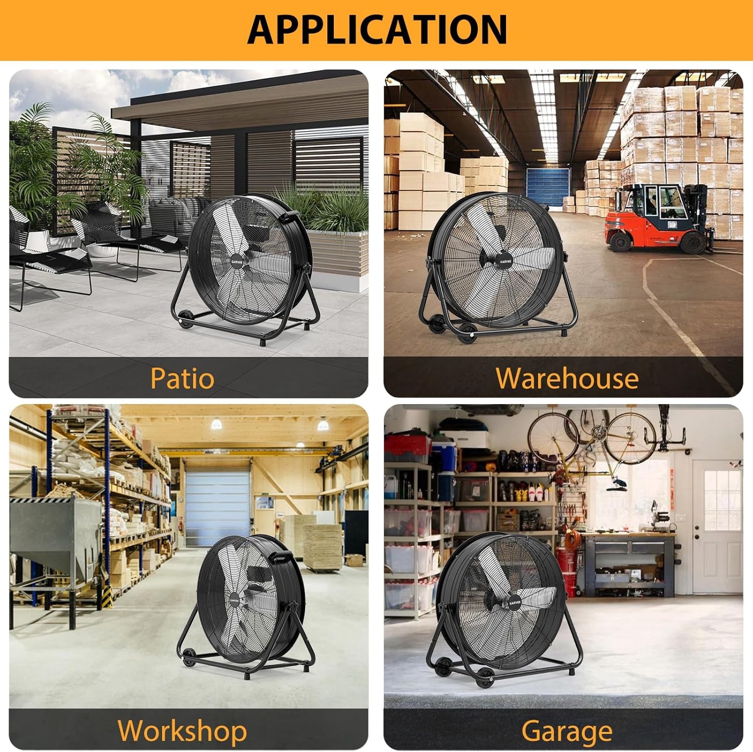 image:imageGarvee Industrial Floor Fan 24 in Heavy Duty Drum Fan with Adjustable 3 Speed 48008800 CFM Cooling Metal Blades amp 360 Rotation for Industrial Commercial Space Garage Warehouse WorkshopBlack