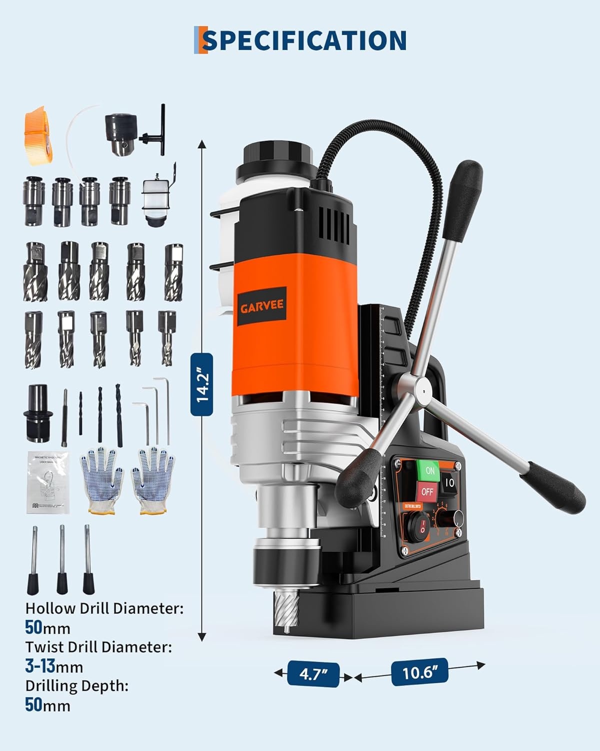 image:imageGarvee Magnetic Drill 1750W 2 Boring Diameter 2922lbf Power Portable Magnetic 810 PRM 10Speedwith 10Pcs Drill Bits 3Pcs Twist Drill and 1Pcs Plastic Box for Metal Surface Industrial1850W2 with Speed Control and ForwardReverse