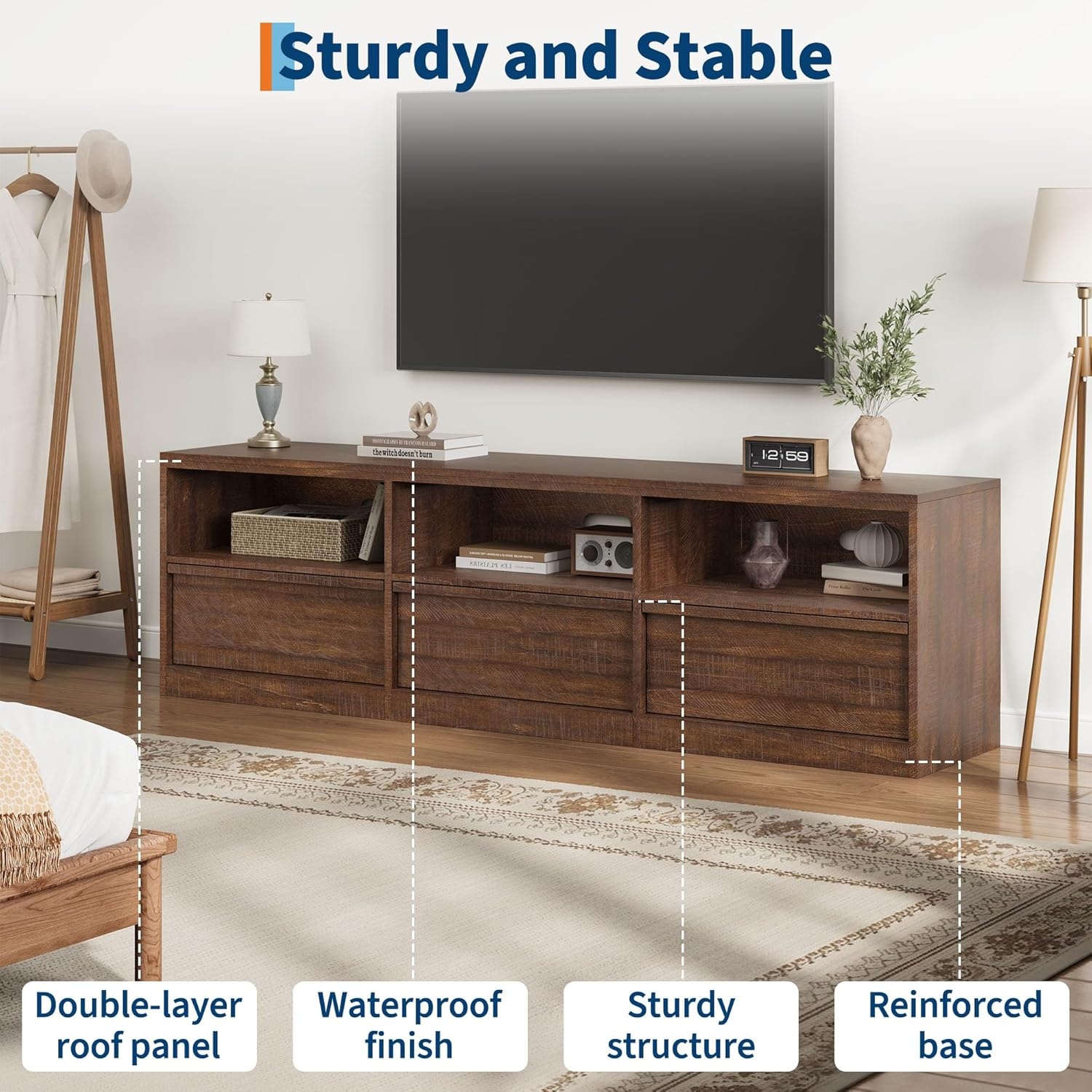 image:imageGarvee Mid Century Modern TV Stand for 65 70 75 in TVs Industrial Entertainment Center with 3 Drawers amp Open Shelves Sturdy MDF for Living Room amp Bedroom Vintage