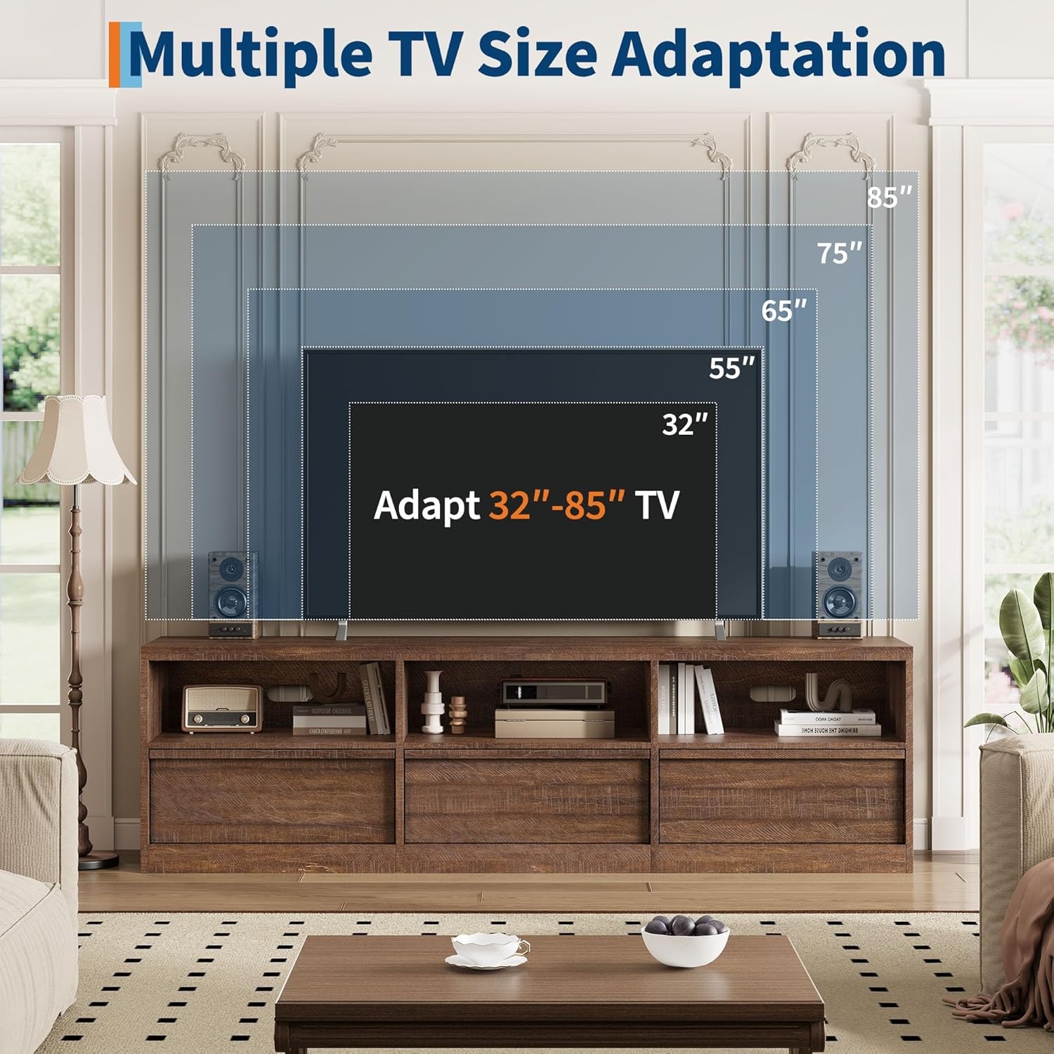 image:imageGarvee Mid Century Modern TV Stand for 65 70 75 in TVs Industrial Entertainment Center with 3 Drawers amp Open Shelves Sturdy MDF for Living Room amp Bedroom Vintage