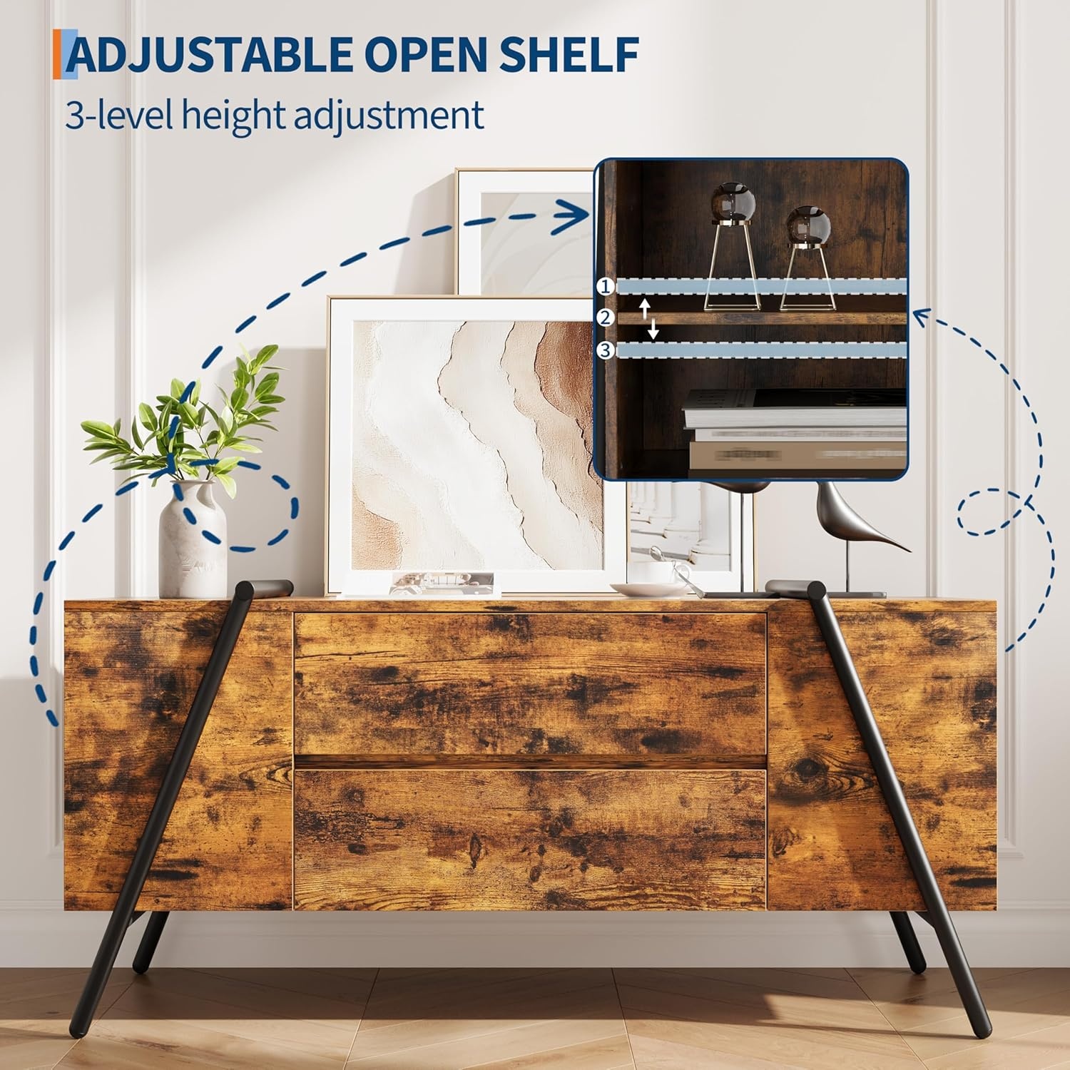 image:imageGarvee Rustic TV Stand for 5065 Inch TVs 5512 Inch Entertainment Center with 2 Drawers amp Adjustable Open Shelves Industrial Media Console with Metal Legs for Living Room Burnt WoodBurnt Wood