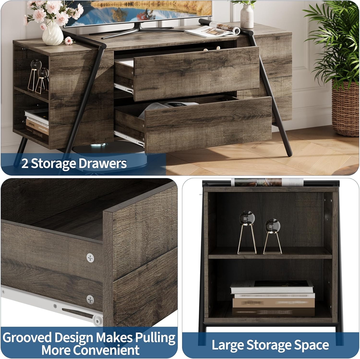 image:imageGarvee Rustic TV Stand for 5065 Inch TVs 5512 Inch Entertainment Center with 2 Drawers amp Adjustable Open Shelves Industrial Media Console with Metal Legs for Living Room Burnt WoodWeathered Oak