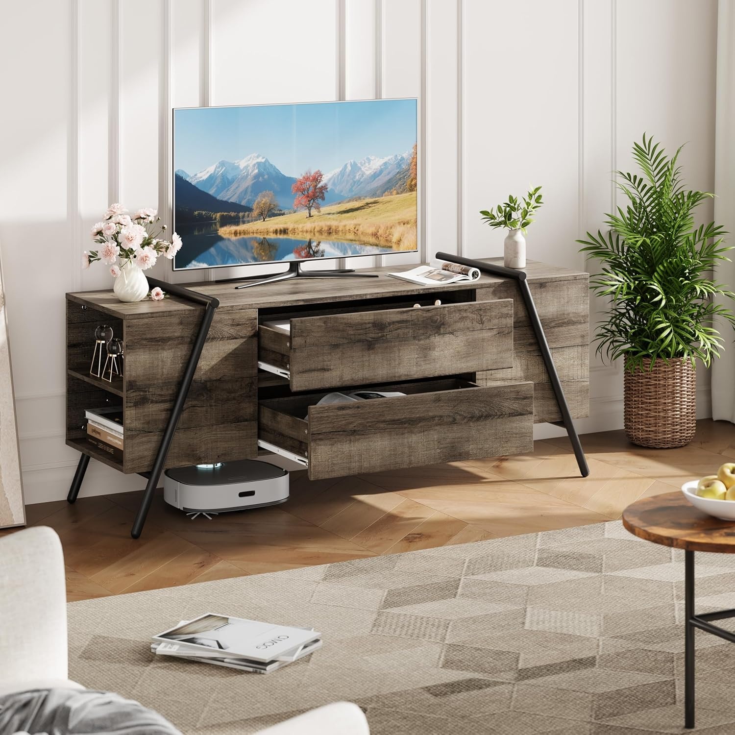 image:imageGarvee Rustic TV Stand for 5065 Inch TVs 5512 Inch Entertainment Center with 2 Drawers amp Adjustable Open Shelves Industrial Media Console with Metal Legs for Living Room Burnt WoodWeathered Oak