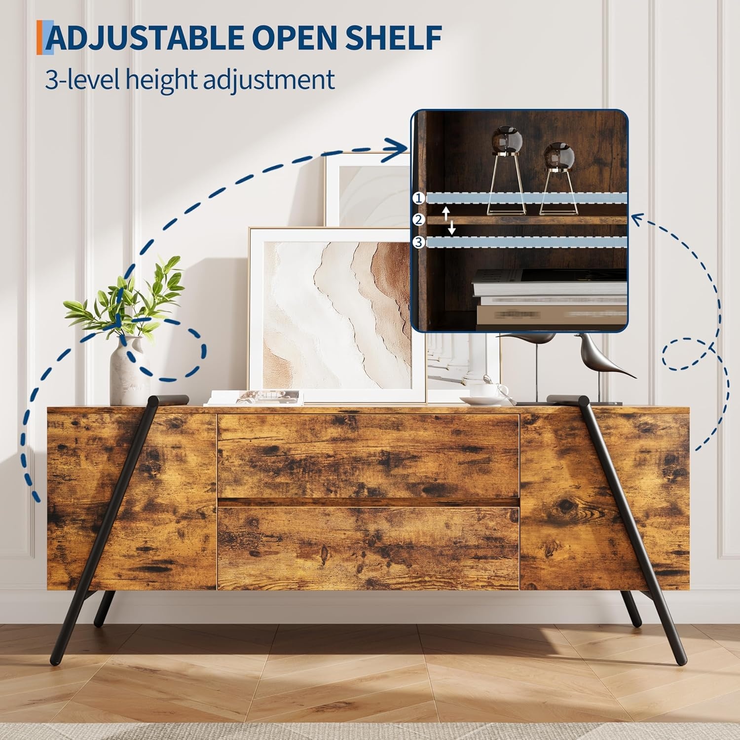 image:imageGarvee Rustic TV Stand for 5065 Inch TVs 5512 Inch Entertainment Center with 2 Drawers amp Adjustable Open Shelves Industrial Media Console with Metal Legs for Living Room Burnt WoodBurnt Wood