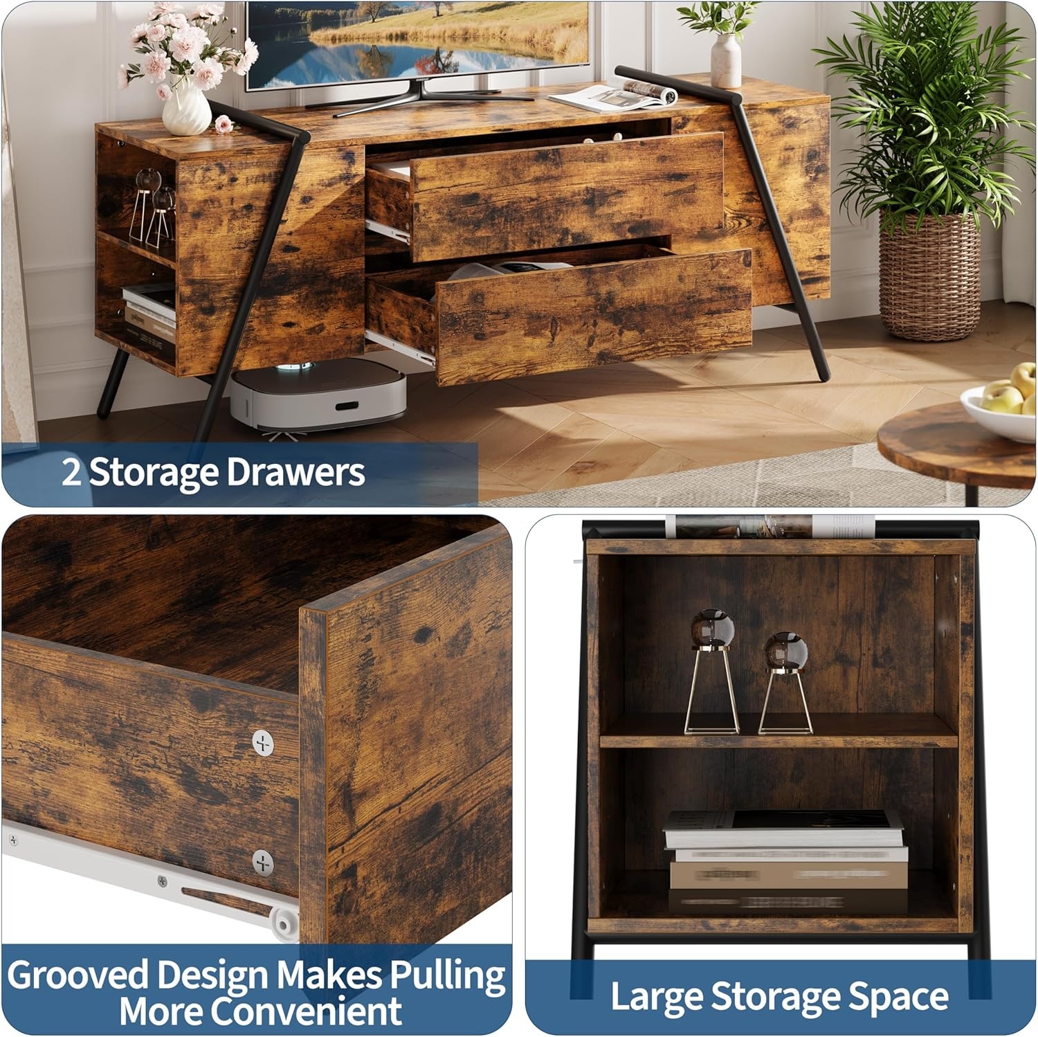 image:imageGarvee Rustic TV Stand for 5065 Inch TVs 5512 Inch Entertainment Center with 2 Drawers amp Adjustable Open Shelves Industrial Media Console with Metal Legs for Living Room Burnt WoodBurnt Wood