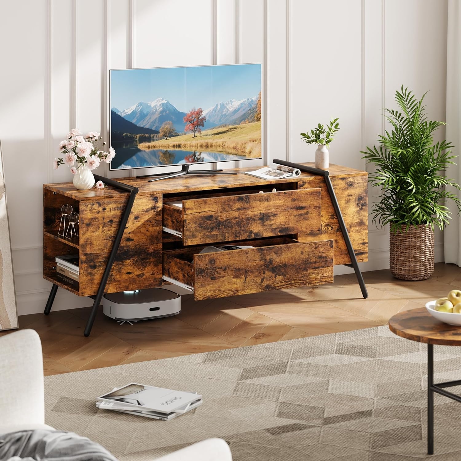 image:imageGarvee Rustic TV Stand for 5065 Inch TVs 5512 Inch Entertainment Center with 2 Drawers amp Adjustable Open Shelves Industrial Media Console with Metal Legs for Living Room Burnt WoodBurnt Wood