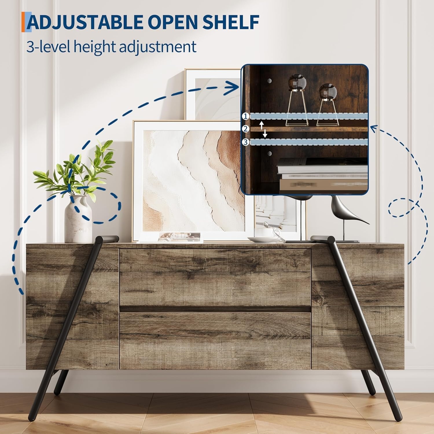 image:imageGarvee Rustic TV Stand for 5065 Inch TVs 5512 Inch Entertainment Center with 2 Drawers amp Adjustable Open Shelves Industrial Media Console with Metal Legs for Living Room Burnt WoodWeathered Oak
