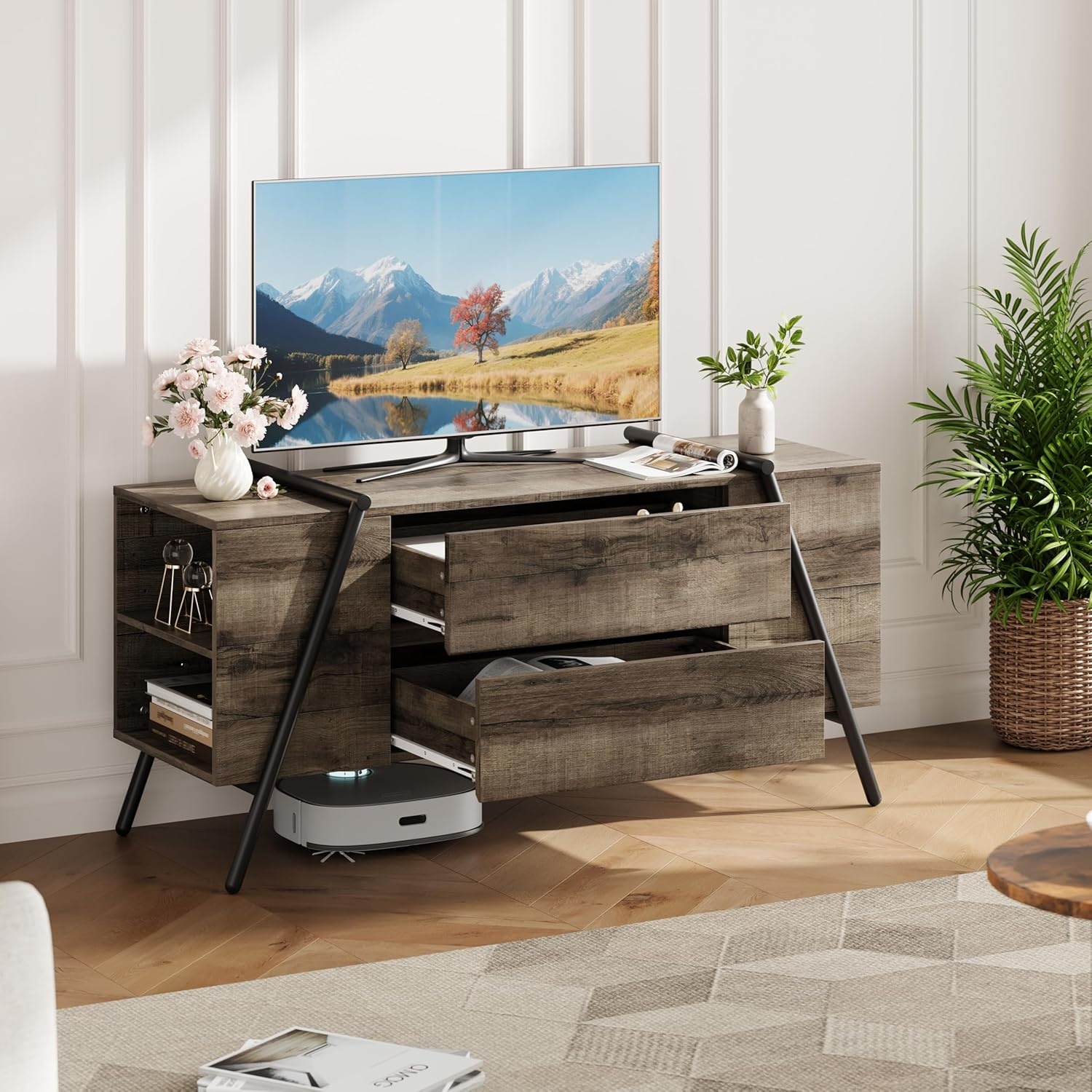 image:imageGarvee Rustic TV Stand for 5065 Inch TVs 5512 Inch Entertainment Center with 2 Drawers amp Adjustable Open Shelves Industrial Media Console with Metal Legs for Living Room Burnt WoodWeathered Oak