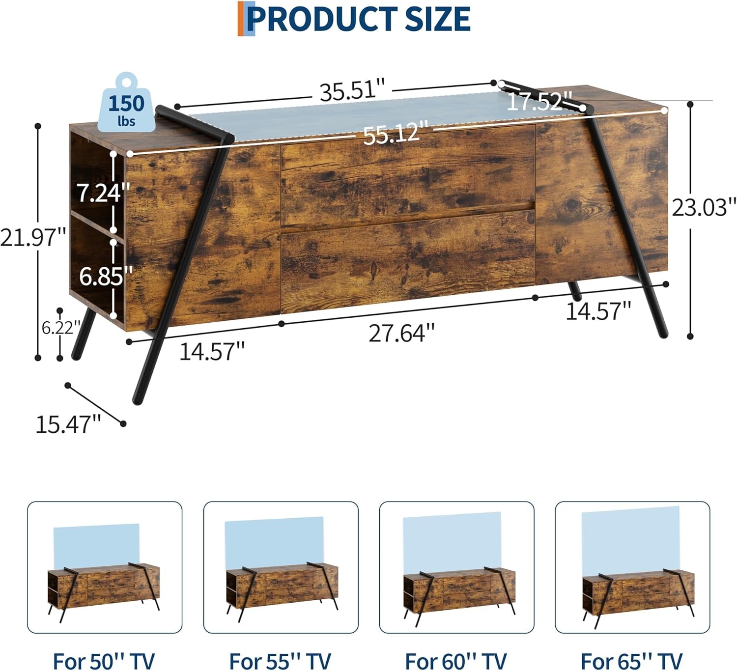 image:imageGarvee Rustic TV Stand for 5065 Inch TVs 5512 Inch Entertainment Center with 2 Drawers amp Adjustable Open Shelves Industrial Media Console with Metal Legs for Living Room Burnt WoodBurnt Wood