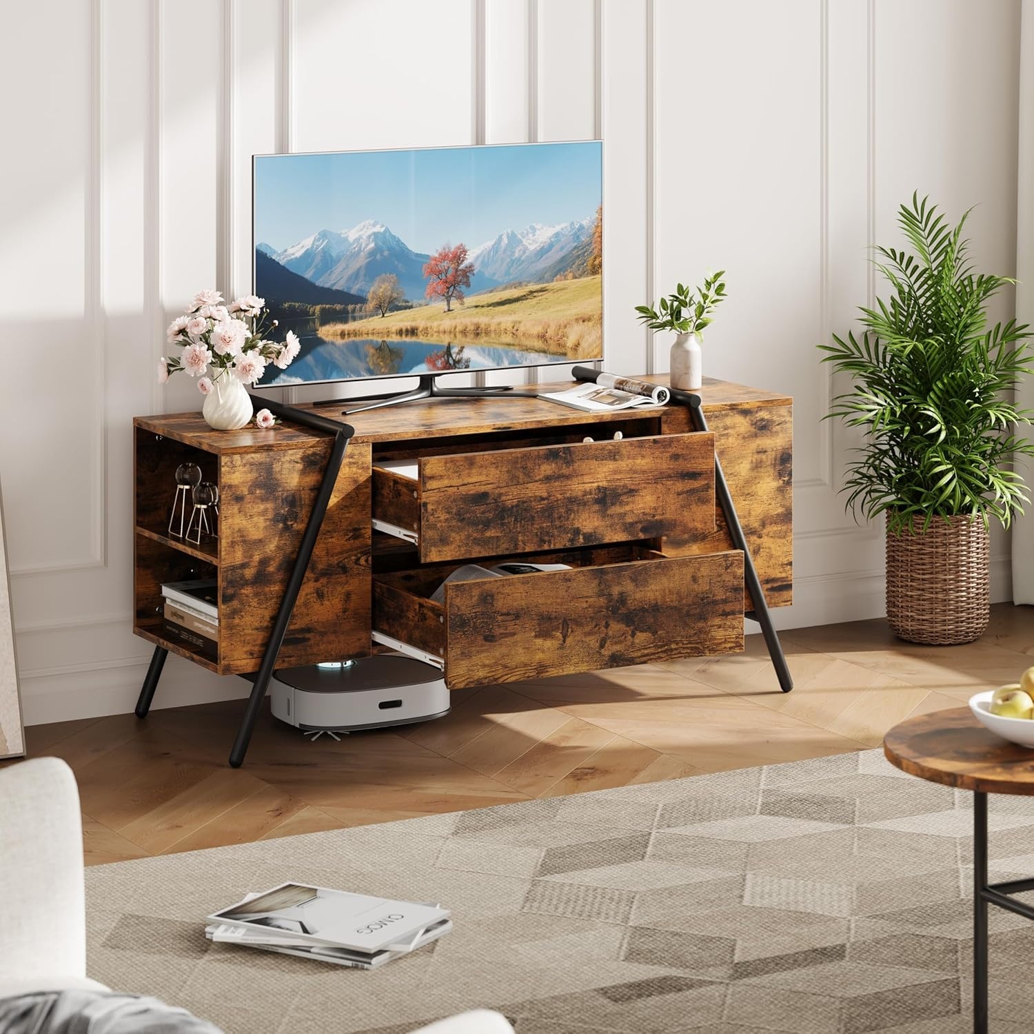 image:imageGarvee Rustic TV Stand for 5065 Inch TVs 5512 Inch Entertainment Center with 2 Drawers amp Adjustable Open Shelves Industrial Media Console with Metal Legs for Living Room Burnt WoodBurnt Wood
