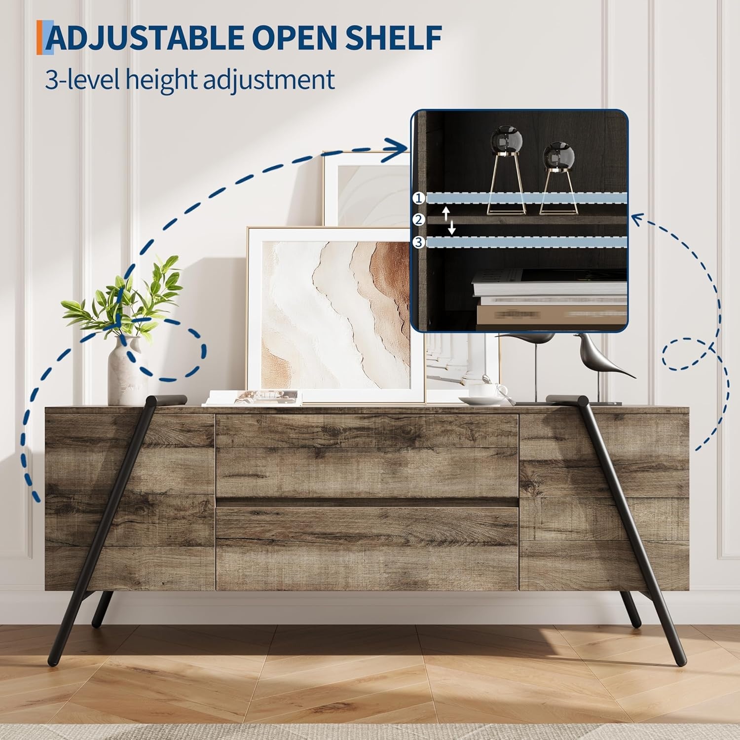 image:imageGarvee Rustic TV Stand for 5065 Inch TVs 5512 Inch Entertainment Center with 2 Drawers amp Adjustable Open Shelves Industrial Media Console with Metal Legs for Living Room Burnt WoodWeathered Oak