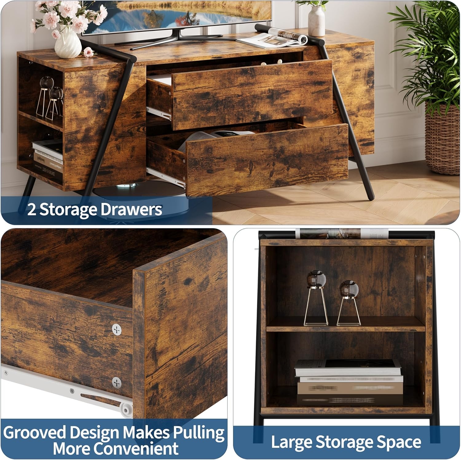 image:imageGarvee Rustic TV Stand for 5065 Inch TVs 5512 Inch Entertainment Center with 2 Drawers amp Adjustable Open Shelves Industrial Media Console with Metal Legs for Living Room Burnt WoodBurnt Wood