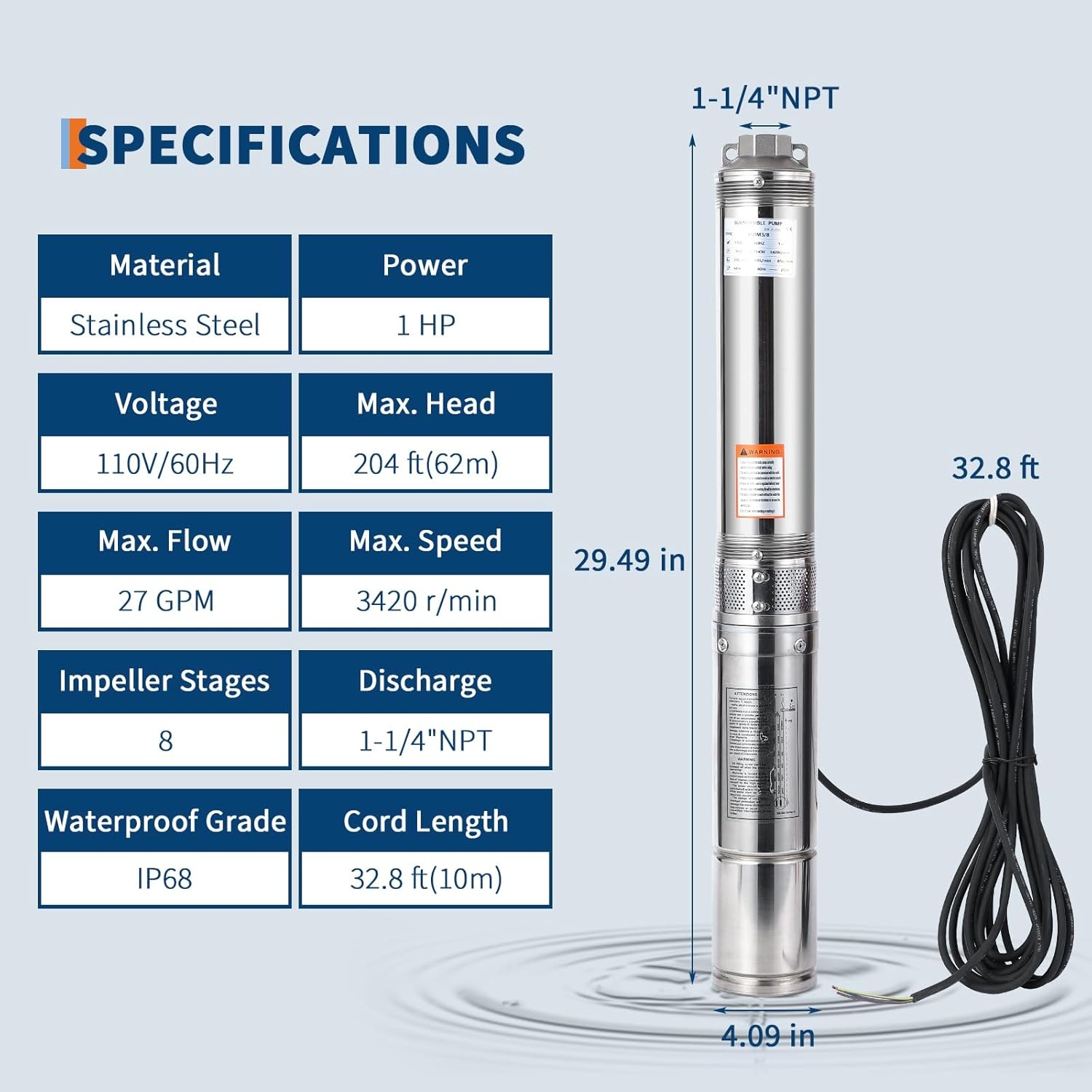 image:imageGarvee Submersible Deep Well Pump 1HP 110V60Hz 27GPM 204 ft Head Stainless Steel Water Pump with Additional Brass Check Valve and 10 ft Power Cord for Irrigation Industrial amp Home Use1HP 110V60Hz