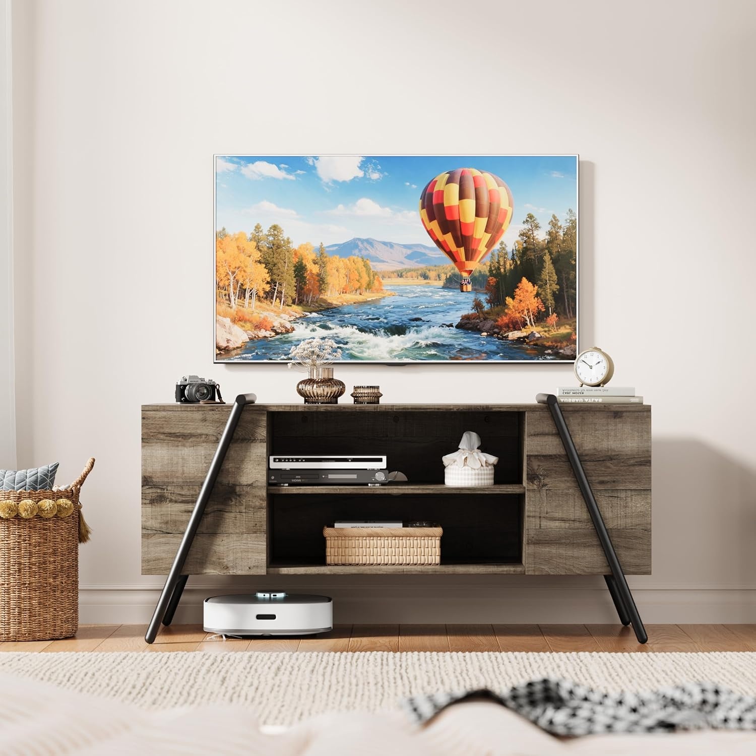 image:imageGarvee TV Stand for 5065 TVs Rustic Industrial Wooden Media Console Adjustable Open Shelves Cable Management AntiScratch Metal Legs Living Room Storage Cabinet 5512 Weathered OakWeathered Oak