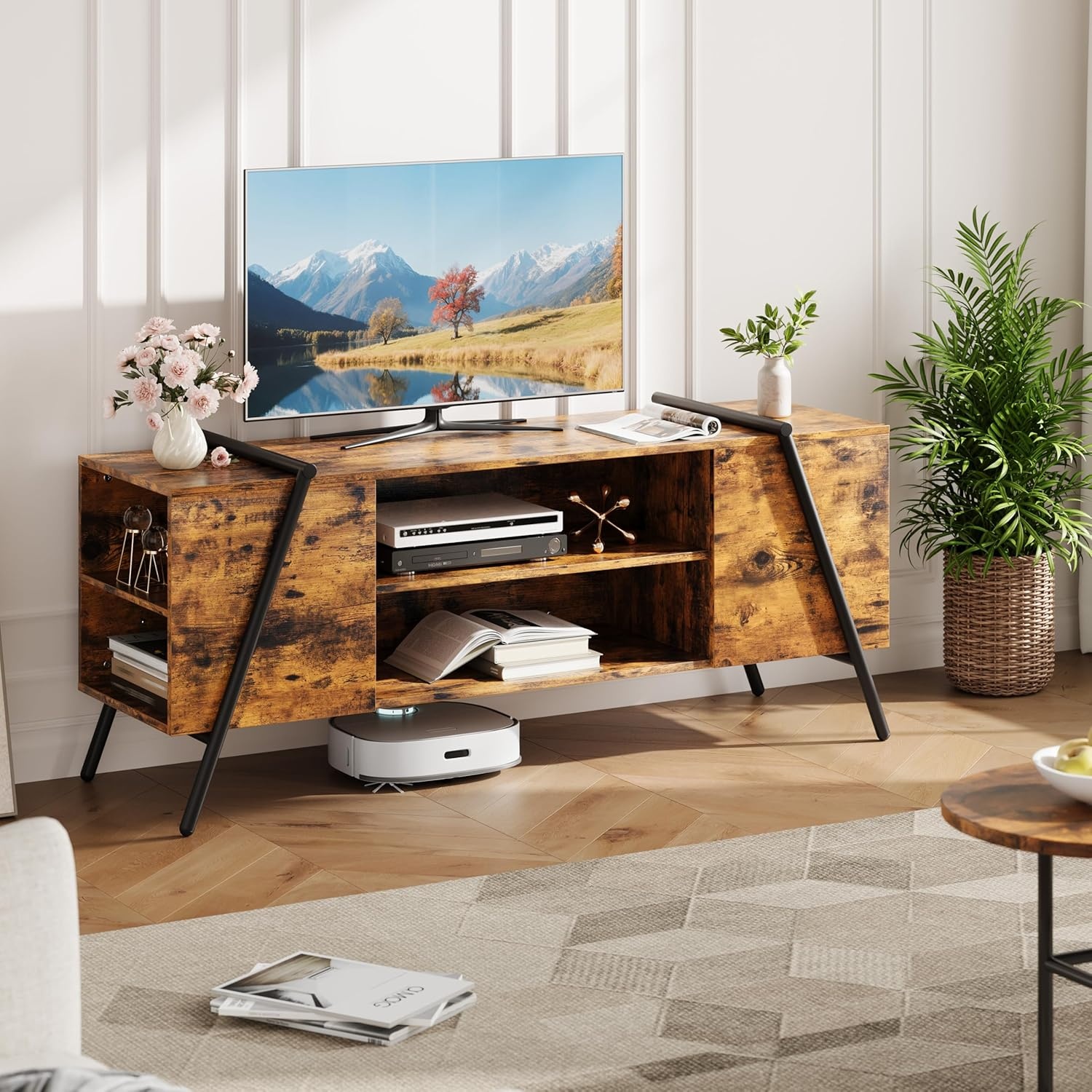 image:imageGarvee TV Stand for 5065 TVs Rustic Industrial Wooden Media Console Adjustable Open Shelves Cable Management AntiScratch Metal Legs Living Room Storage Cabinet 5512 Weathered OakBurnt Wood