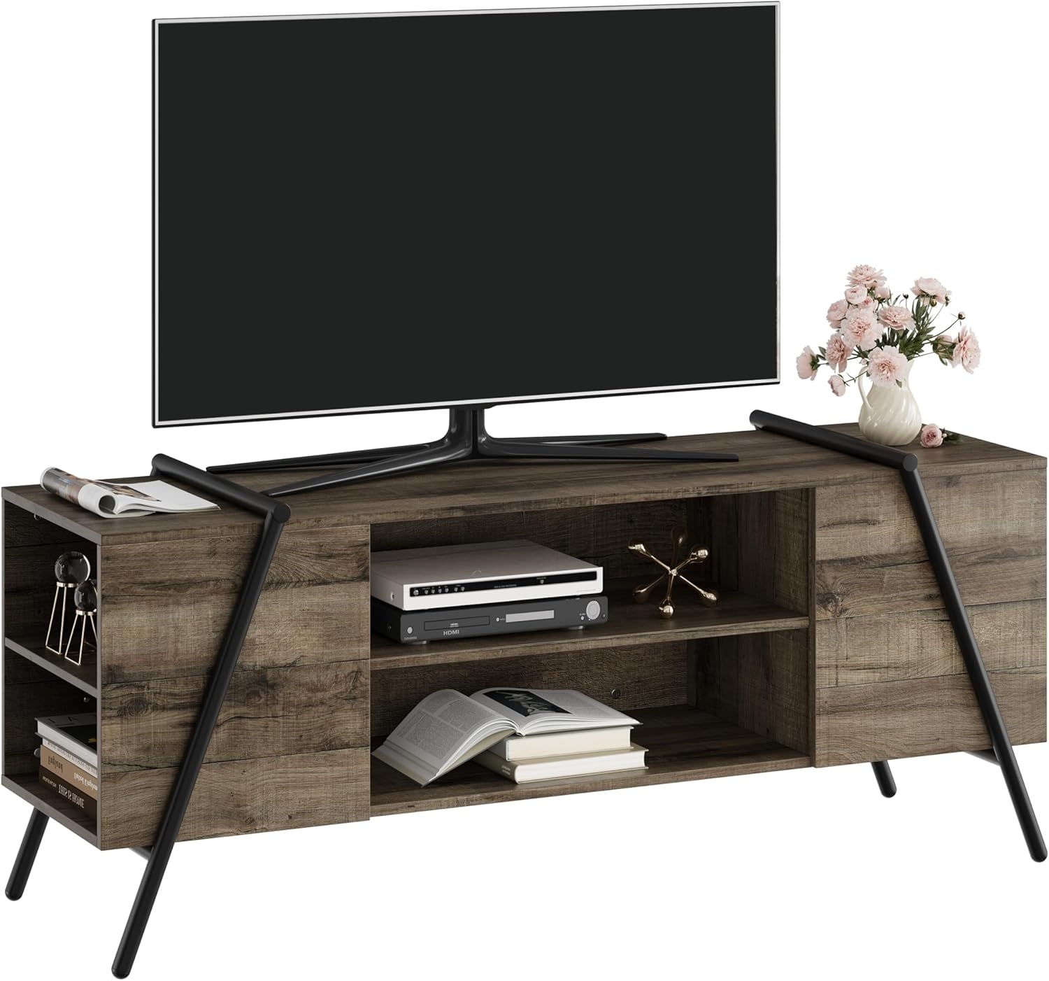 image:imageGarvee TV Stand for 5065 TVs Rustic Industrial Wooden Media Console Adjustable Open Shelves Cable Management AntiScratch Metal Legs Living Room Storage Cabinet 5512 Weathered OakWeathered Oak