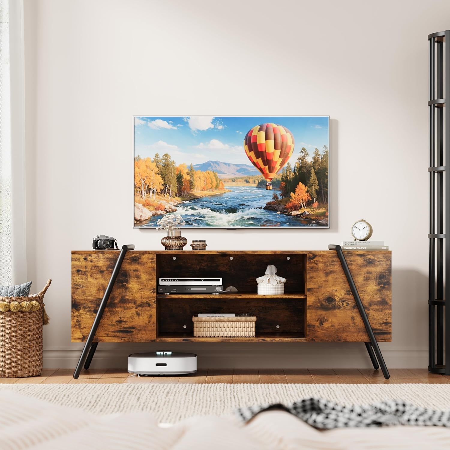 image:imageGarvee TV Stand for 5065 TVs Rustic Industrial Wooden Media Console Adjustable Open Shelves Cable Management AntiScratch Metal Legs Living Room Storage Cabinet 5512 Weathered OakBurnt Wood