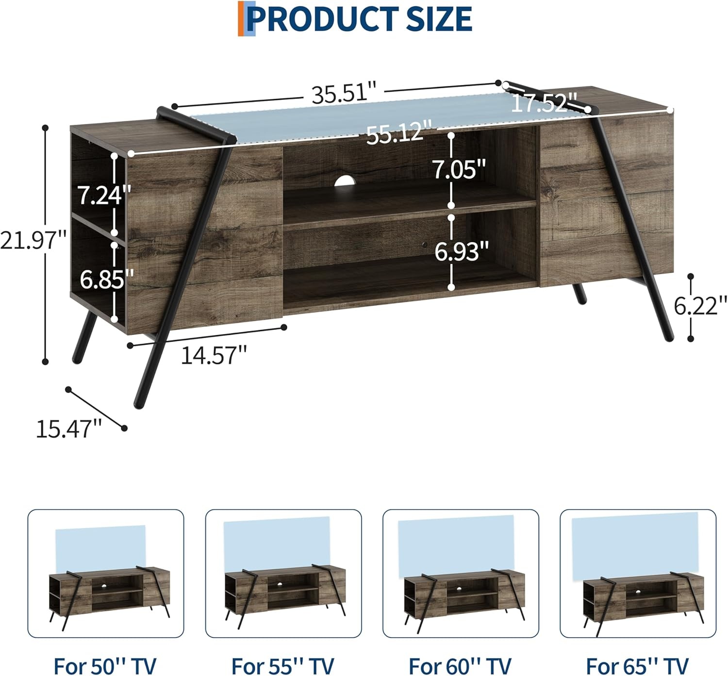 image:imageGarvee TV Stand for 5065 TVs Rustic Industrial Wooden Media Console Adjustable Open Shelves Cable Management AntiScratch Metal Legs Living Room Storage Cabinet 5512 Weathered OakWeathered Oak
