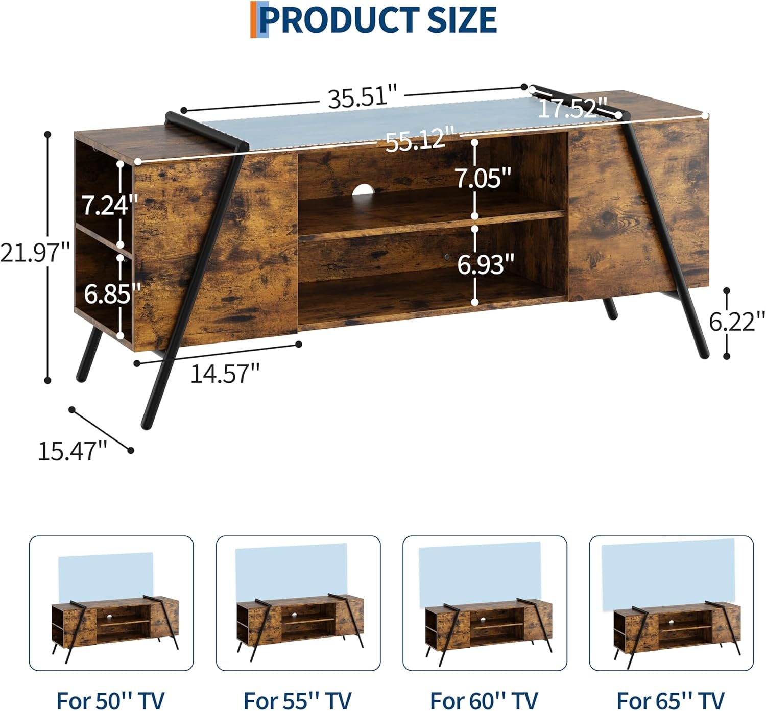 image:imageGarvee TV Stand for 5065 TVs Rustic Industrial Wooden Media Console Adjustable Open Shelves Cable Management AntiScratch Metal Legs Living Room Storage Cabinet 5512 Weathered OakBurnt Wood