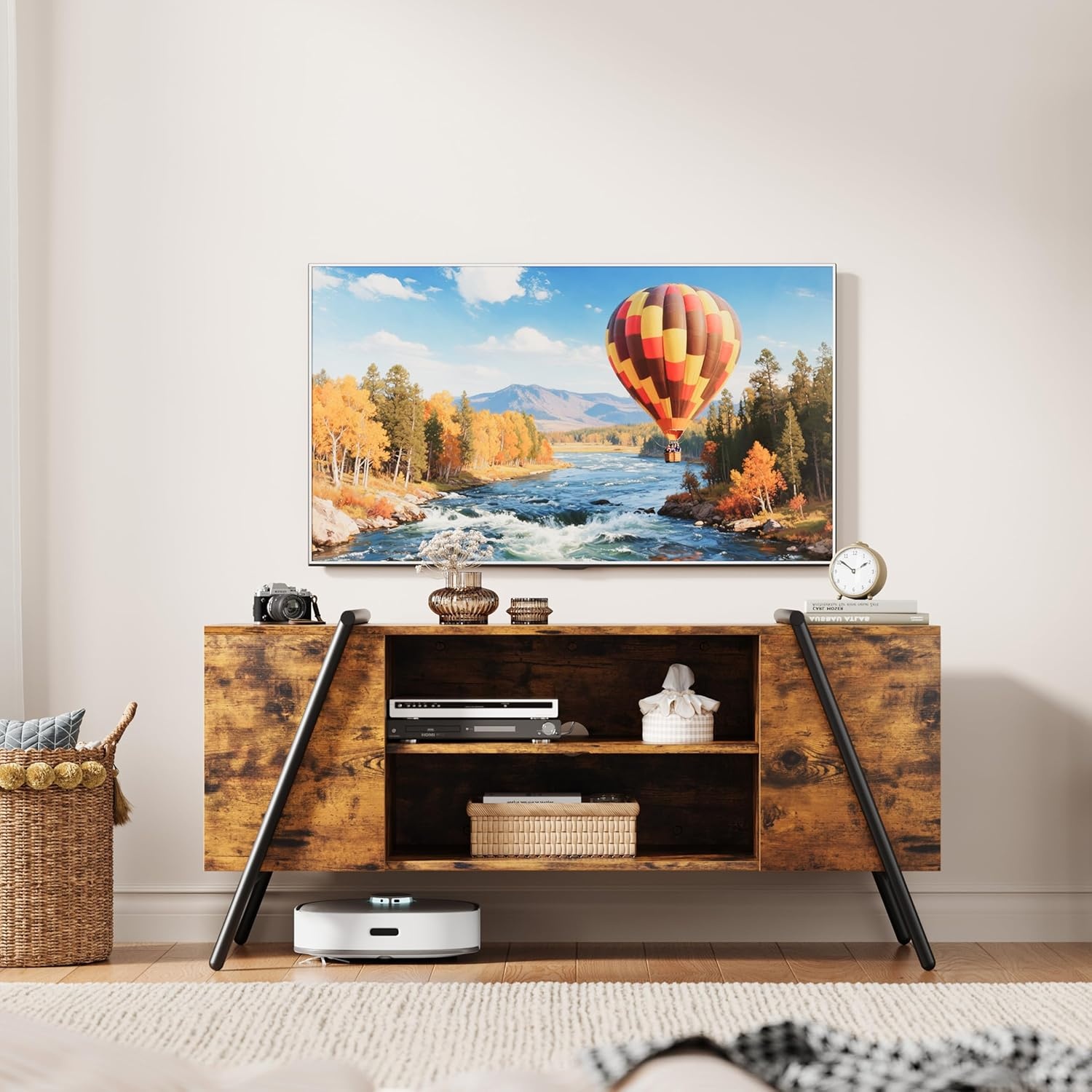 image:imageGarvee TV Stand for 5065 TVs Rustic Industrial Wooden Media Console Adjustable Open Shelves Cable Management AntiScratch Metal Legs Living Room Storage Cabinet 5512 Weathered OakBurnt Wood
