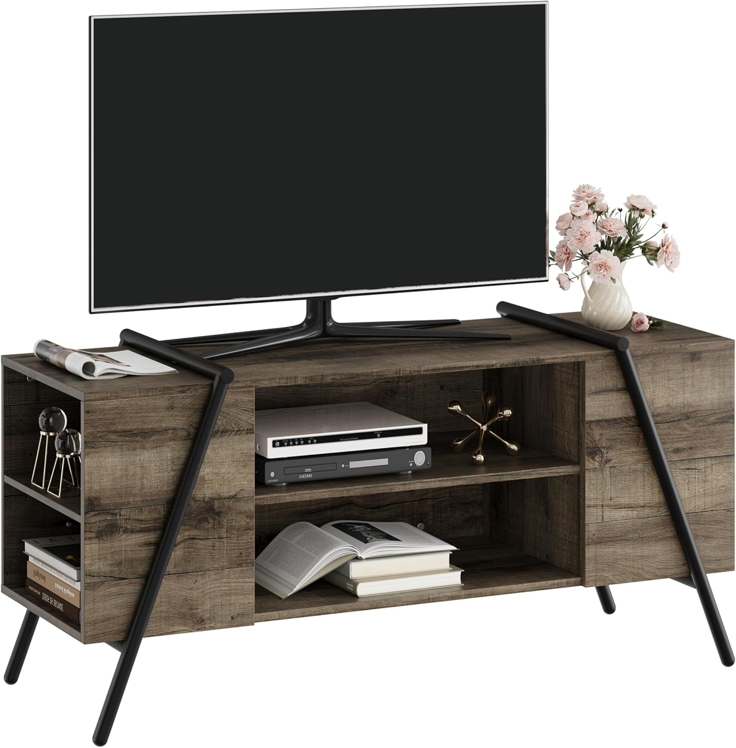 image:imageGarvee TV Stand for 5065 TVs Rustic Industrial Wooden Media Console Adjustable Open Shelves Cable Management AntiScratch Metal Legs Living Room Storage Cabinet 5512 Weathered OakWeathered Oak