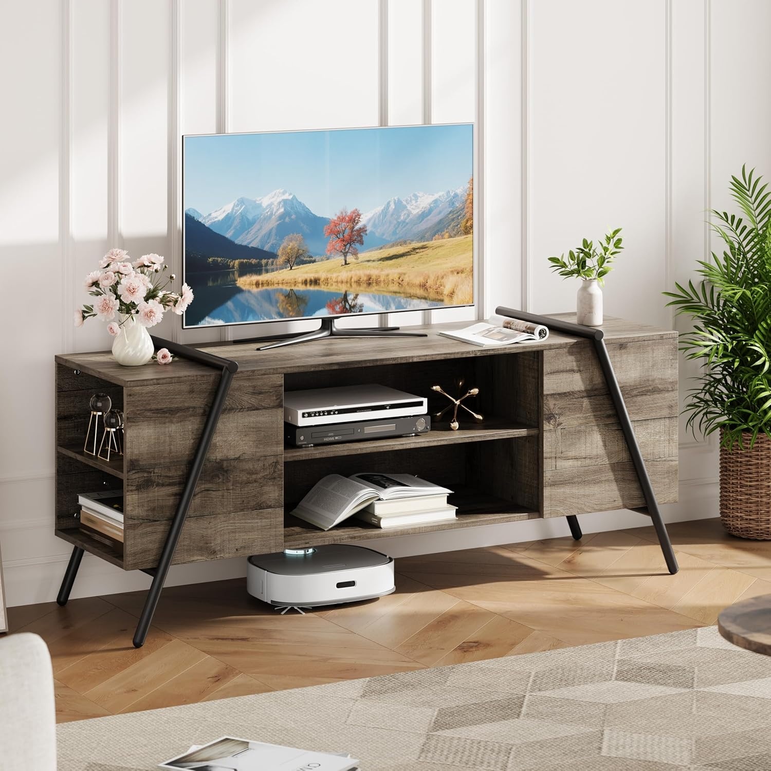 image:imageGarvee TV Stand for 5065 TVs Rustic Industrial Wooden Media Console Adjustable Open Shelves Cable Management AntiScratch Metal Legs Living Room Storage Cabinet 5512 Weathered OakWeathered Oak
