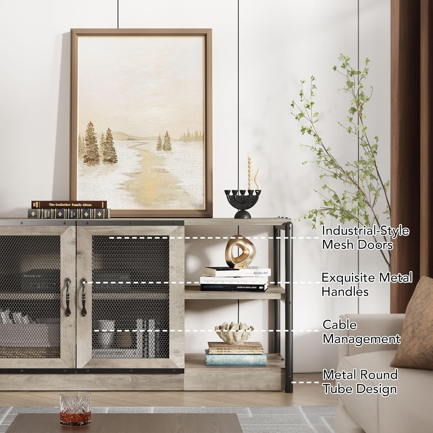 image:imageGarvee TV StandEntertainment Center Up to 75 in TVTV Console with Storage Cabinet and Mesh Door Industrial Console TV Table Media Used for Living RoomampBedroom 71 in Rustic GreyRustic Grey