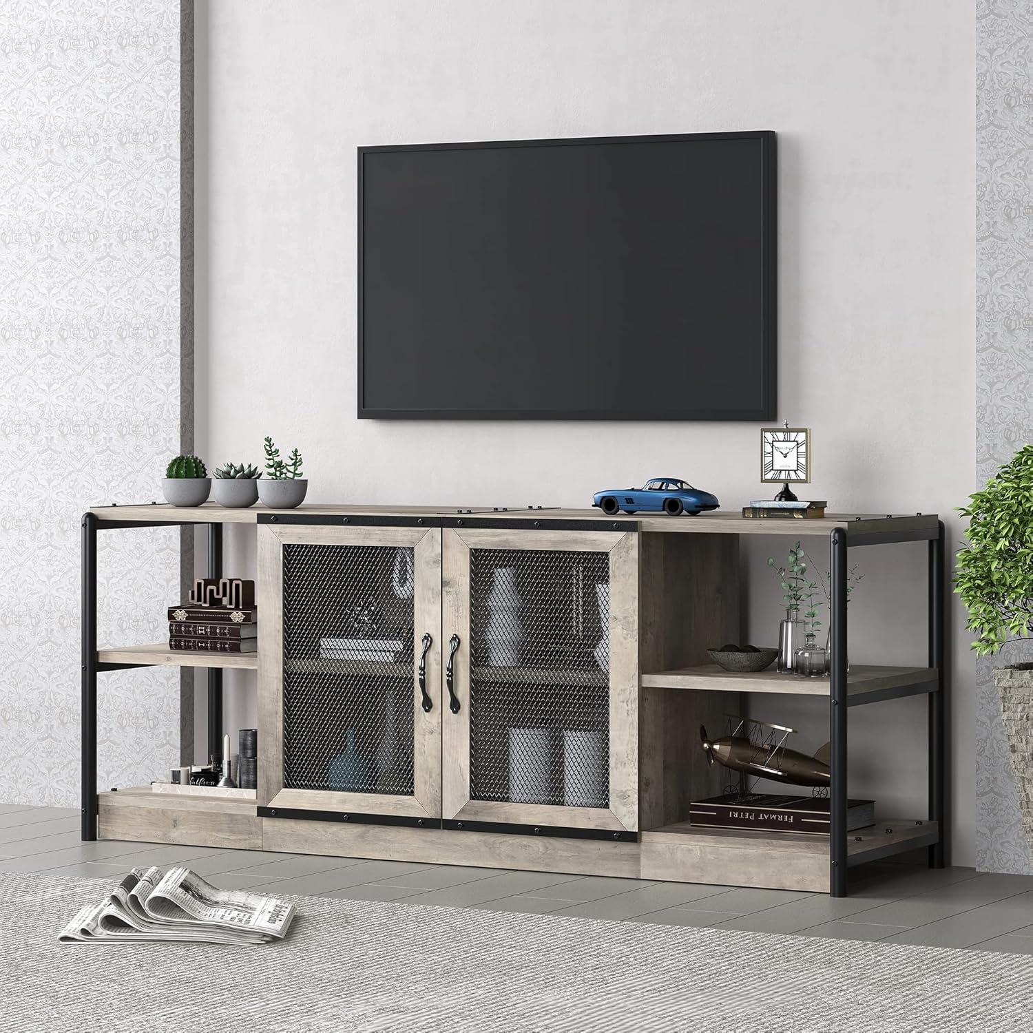 image:imageGarvee TV StandEntertainment Center Up to 75 in TVTV Console with Storage Cabinet and Mesh Door Industrial Console TV Table Media Used for Living RoomampBedroom 71 in Rustic GreyRustic Grey