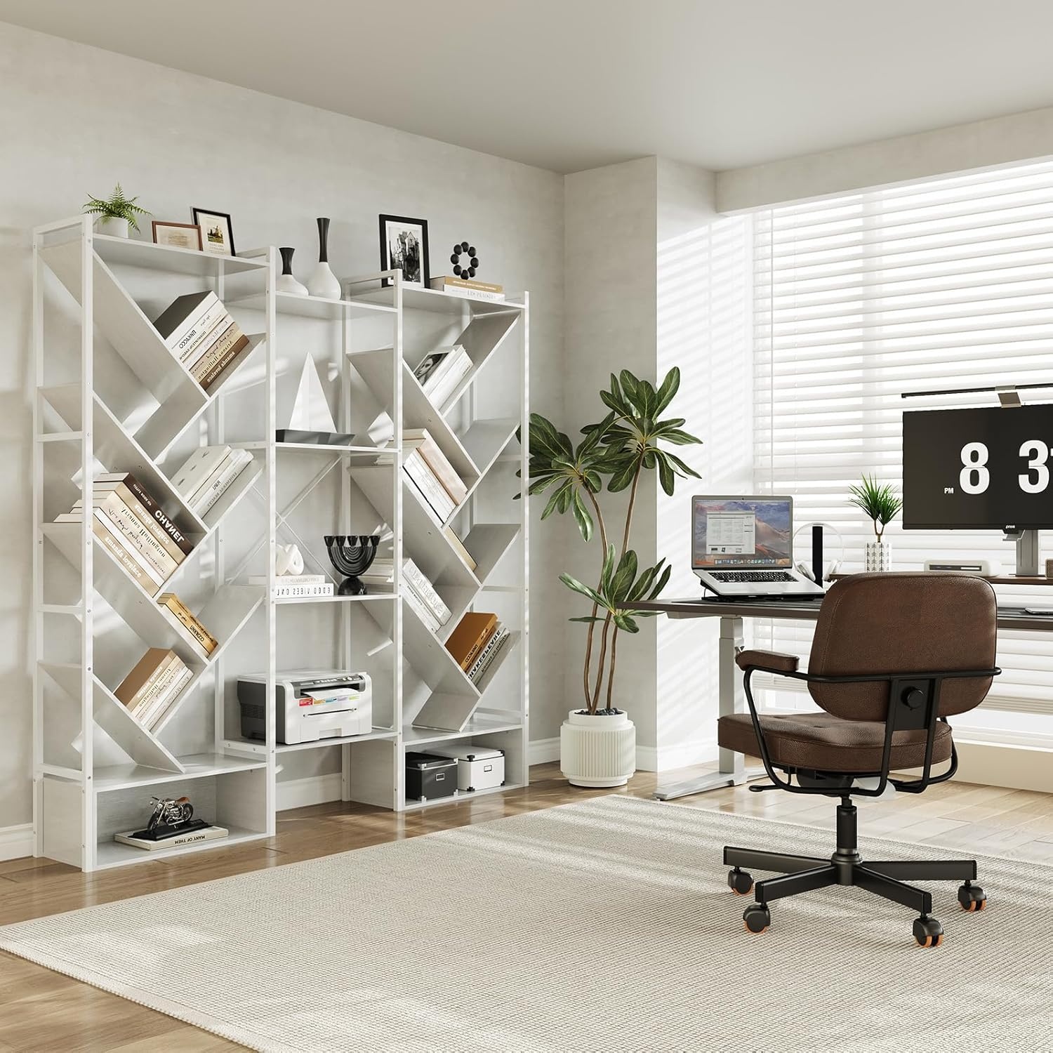 image:imageGarvee Triple 6 Tier Bookshelf Large Bookcase Industrial Bookshelf with 24 Open Display Shelves Industrial Tree Bookshelf Wooden Tall Standing Bookshelf for Living Room Home Office BlackWhite