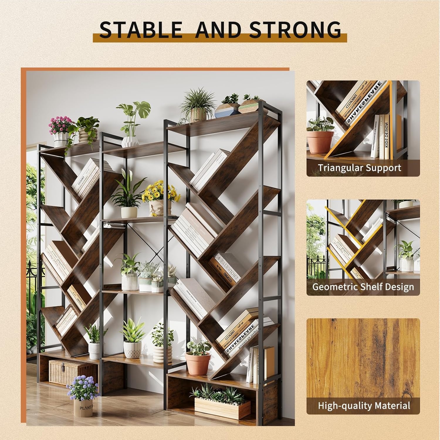 image:imageGarvee Triple 6 Tier Bookshelf Large Bookcase Industrial Bookshelf with 24 Open Display Shelves Industrial Tree Bookshelf Wooden Tall Standing Bookshelf for Living Room Home Office BlackBrown