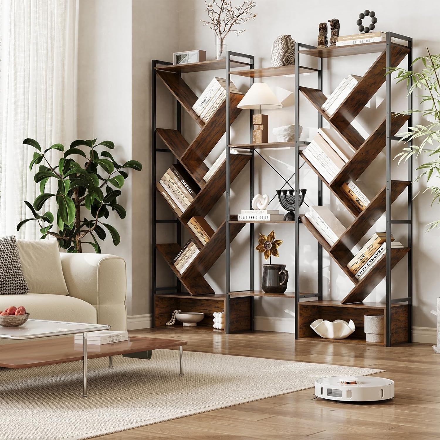 image:imageGarvee Triple 6 Tier Bookshelf Large Bookcase Industrial Bookshelf with 24 Open Display Shelves Industrial Tree Bookshelf Wooden Tall Standing Bookshelf for Living Room Home Office BlackBrown