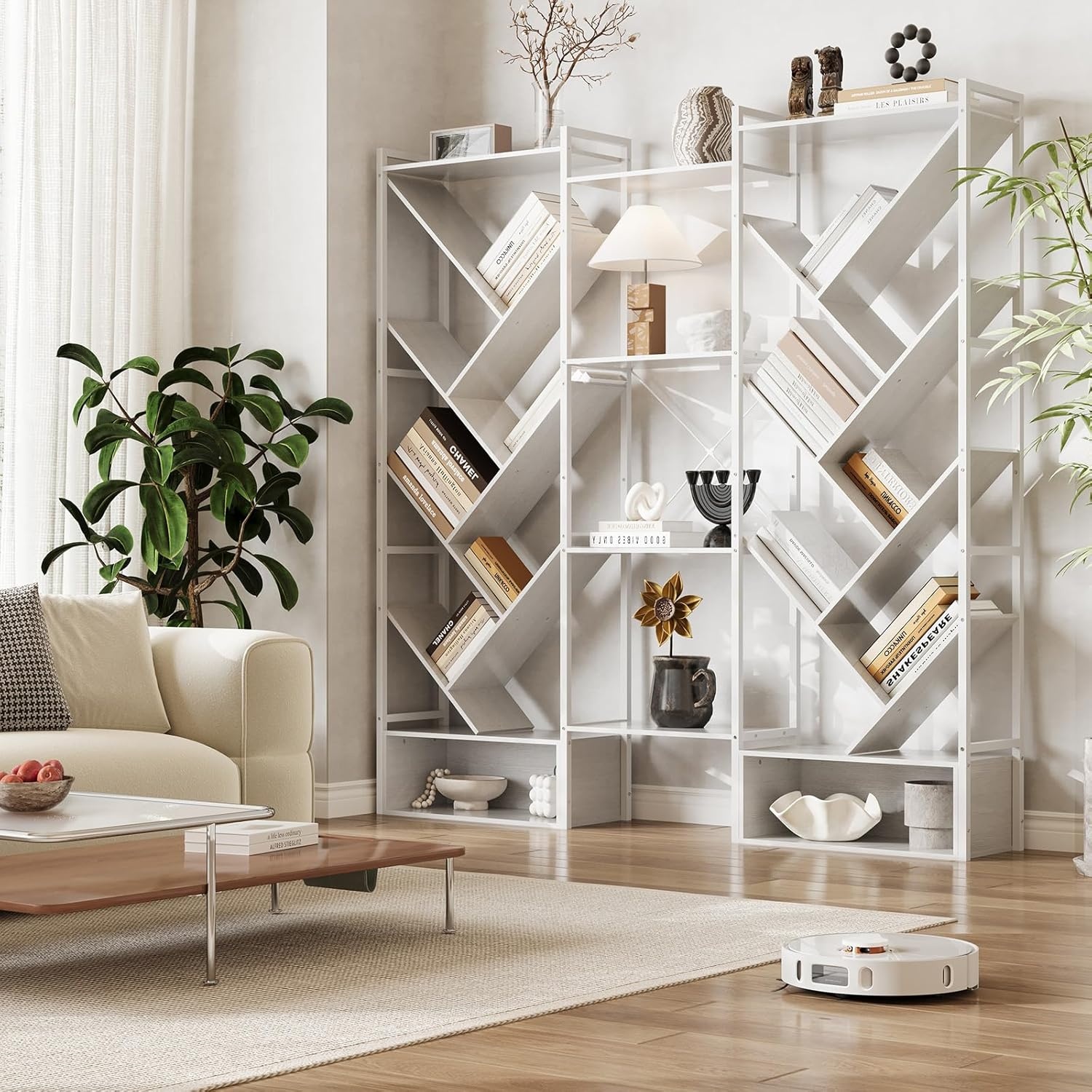 image:imageGarvee Triple 6 Tier Bookshelf Large Bookcase Industrial Bookshelf with 24 Open Display Shelves Industrial Tree Bookshelf Wooden Tall Standing Bookshelf for Living Room Home Office BlackWhite