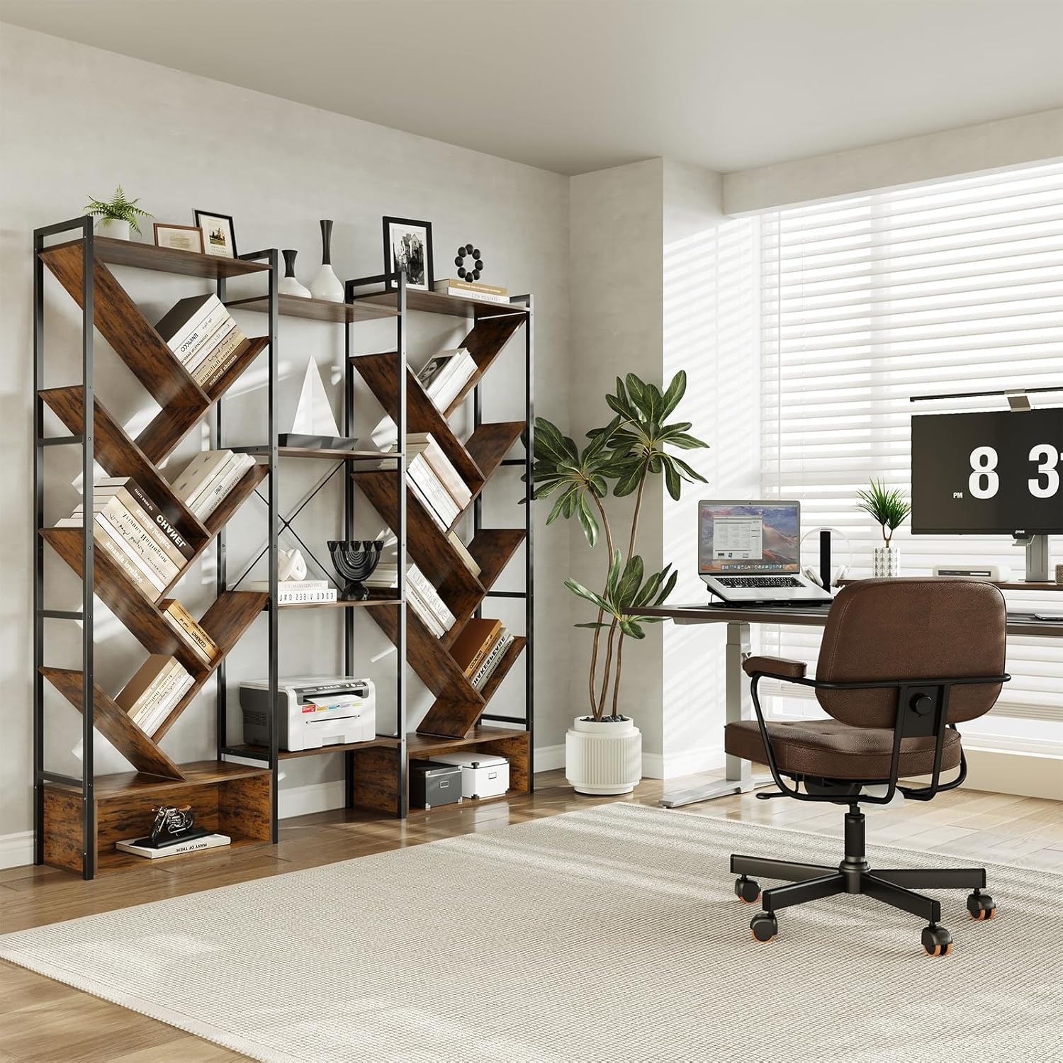 image:imageGarvee Triple 6 Tier Bookshelf Large Bookcase Industrial Bookshelf with 24 Open Display Shelves Industrial Tree Bookshelf Wooden Tall Standing Bookshelf for Living Room Home Office BlackBrown