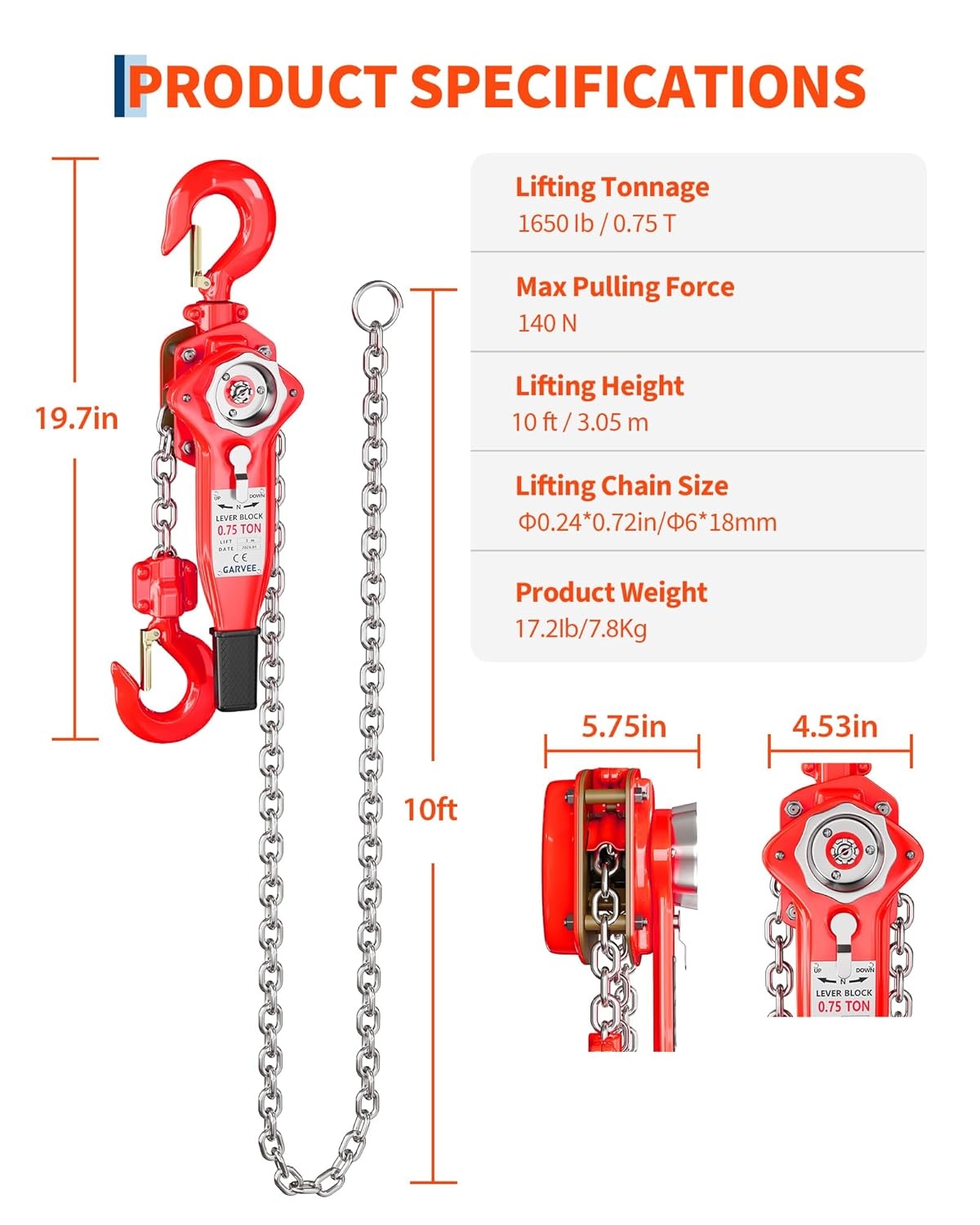 image:imageHeavy Duty Manual Lever Chain Hoist 3 Ton 6600 Lbs Capacity 20FT Compact LowProfile Design G80 Grade Load Chain Double WestonStyle Brake for Industrial Garage Workshop Construction34T 10FT