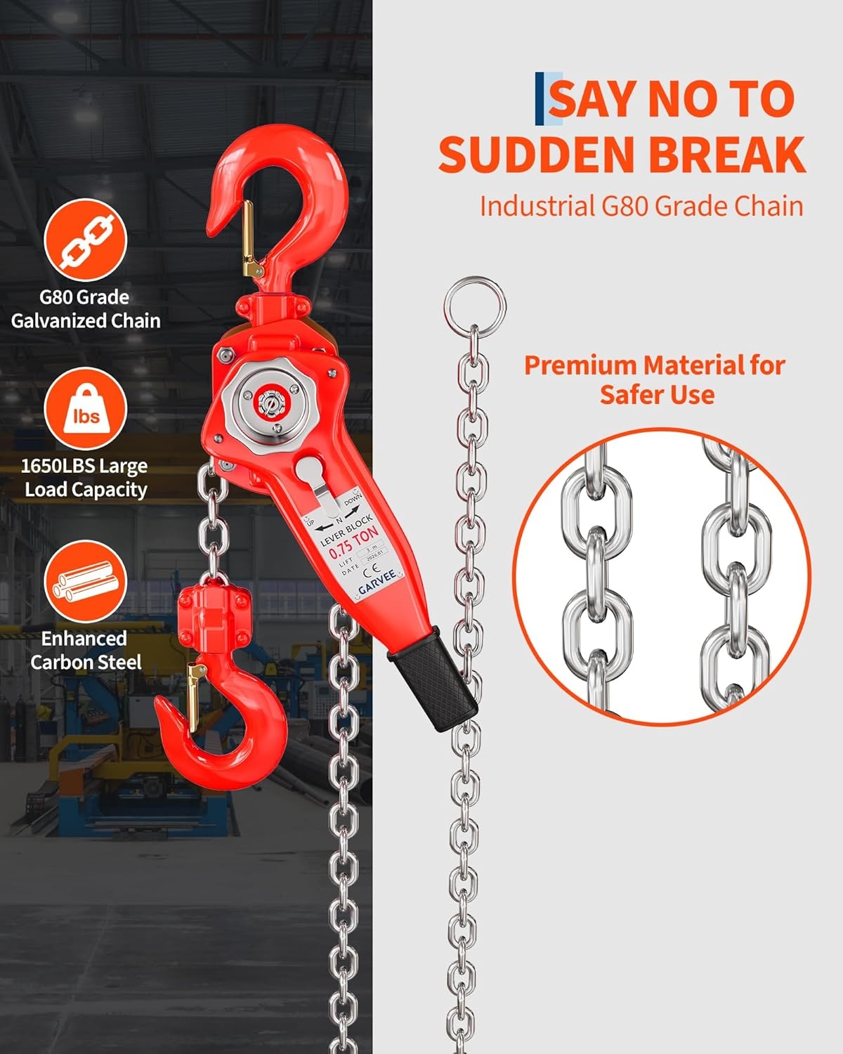 image:imageHeavy Duty Manual Lever Chain Hoist 3 Ton 6600 Lbs Capacity 20FT Compact LowProfile Design G80 Grade Load Chain Double WestonStyle Brake for Industrial Garage Workshop Construction34T 10FT