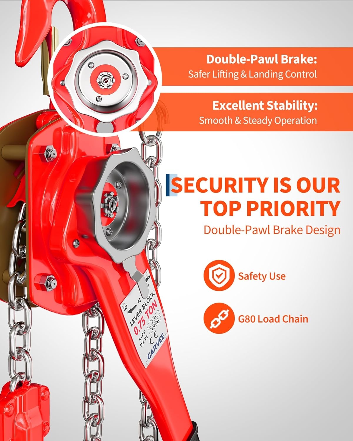 image:imageHeavy Duty Manual Lever Chain Hoist 3 Ton 6600 Lbs Capacity 20FT Compact LowProfile Design G80 Grade Load Chain Double WestonStyle Brake for Industrial Garage Workshop Construction34T 10FT