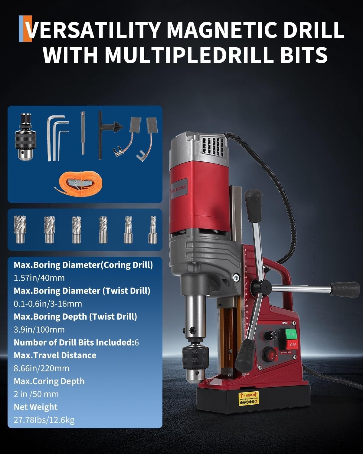 image:imageMagnetic Drill Press Kit 157 1550W Electric Mag Drill with Variable Speed amp Adapter 10Speed 820RPM 2922LBF Force Double Dovetail Portable Drilling Machine for Industrial Workshop and Home 6 Bits
