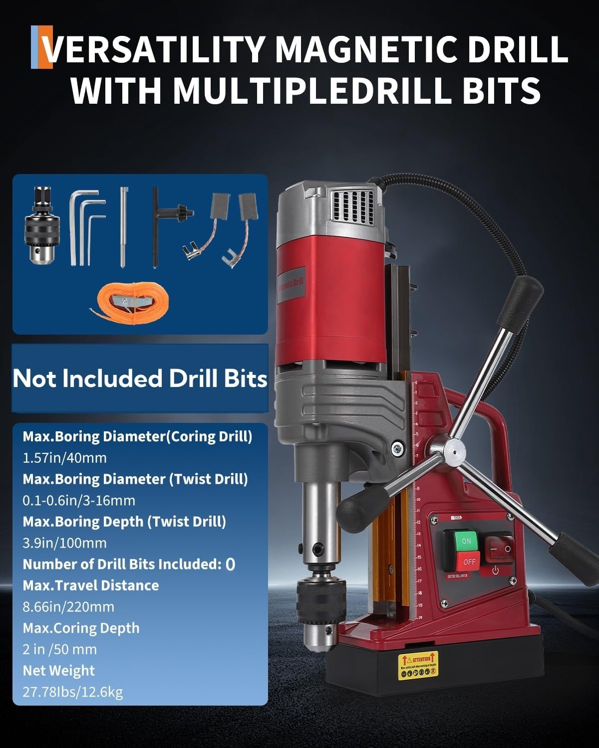 image:imageMagnetic Drill Press Kit 157 1550W Electric Mag Drill with Variable Speed amp Adapter 10Speed 820RPM 2922LBF Force Double Dovetail Portable Drilling Machine for Industrial Workshop and HomeMag Drill Press