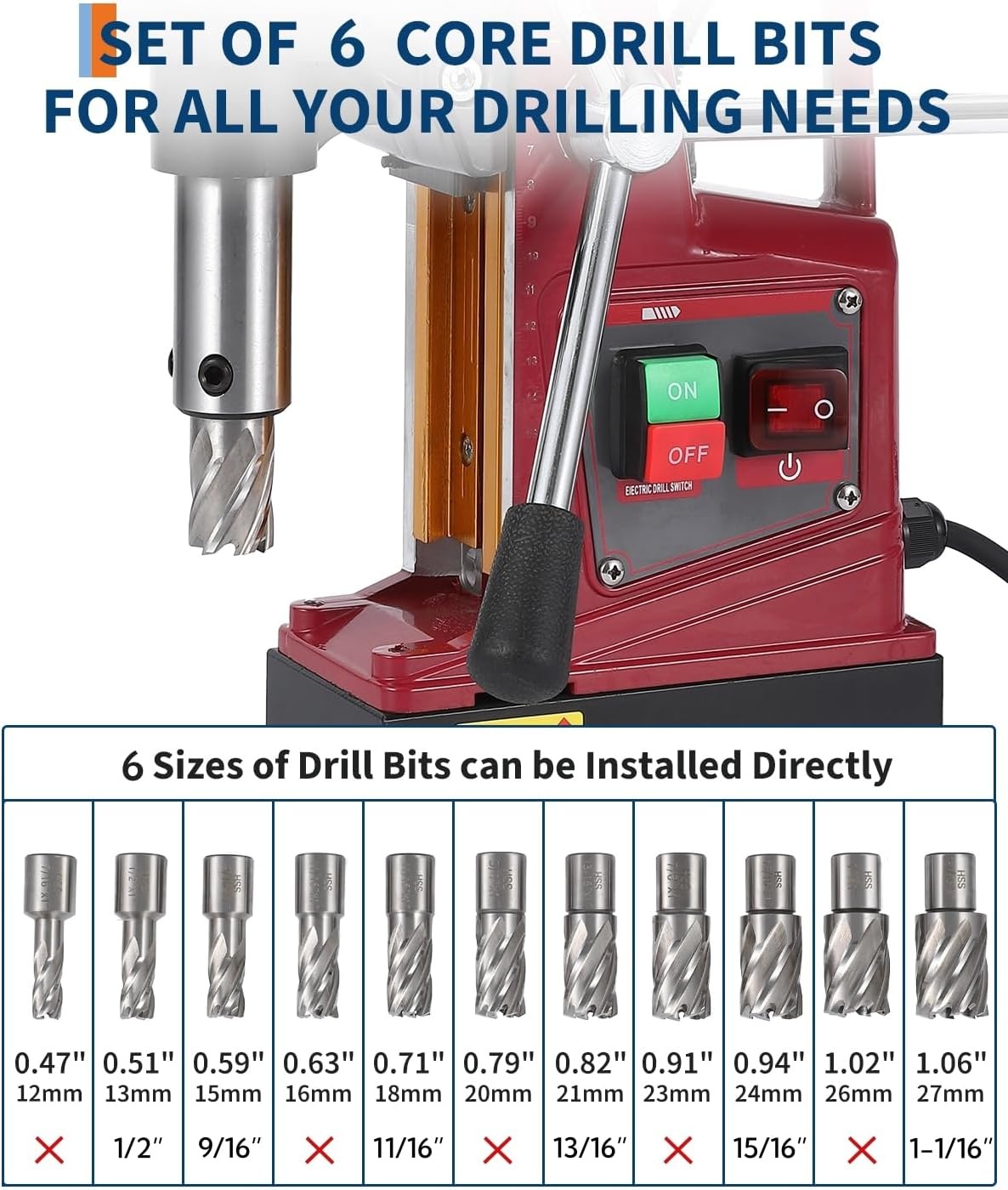 image:imageMagnetic Drill Press Kit 157 1550W Electric Mag Drill with Variable Speed amp Adapter 10Speed 820RPM 2922LBF Force Double Dovetail Portable Drilling Machine for Industrial Workshop and Home 6 Bits